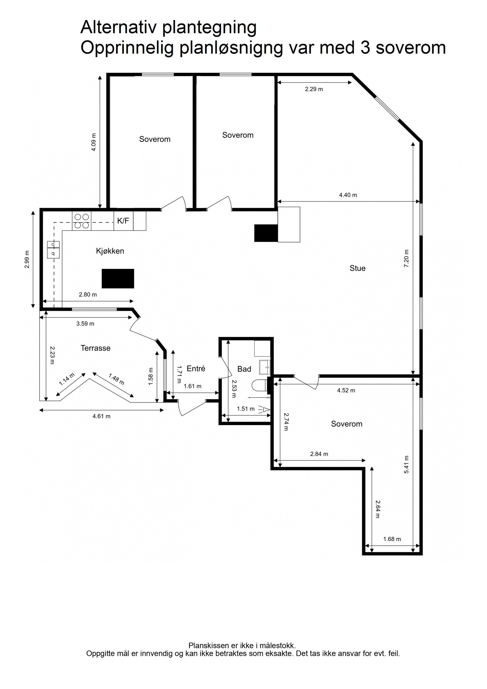 Alternativ plantegning med tre soverom (Opprinnelig planløsning). Galleribilde