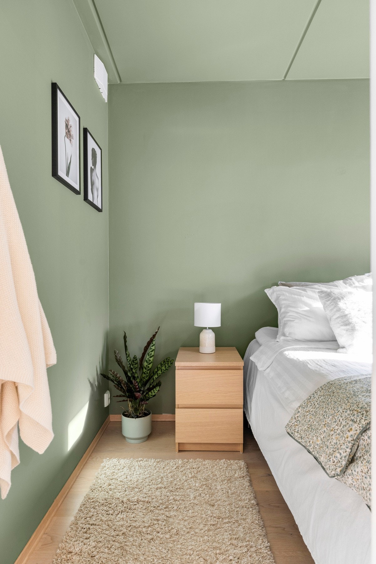 Rommet er malt i en behagelig grønntone som skaper en lun og innbydende romfølelse. Galleribilde