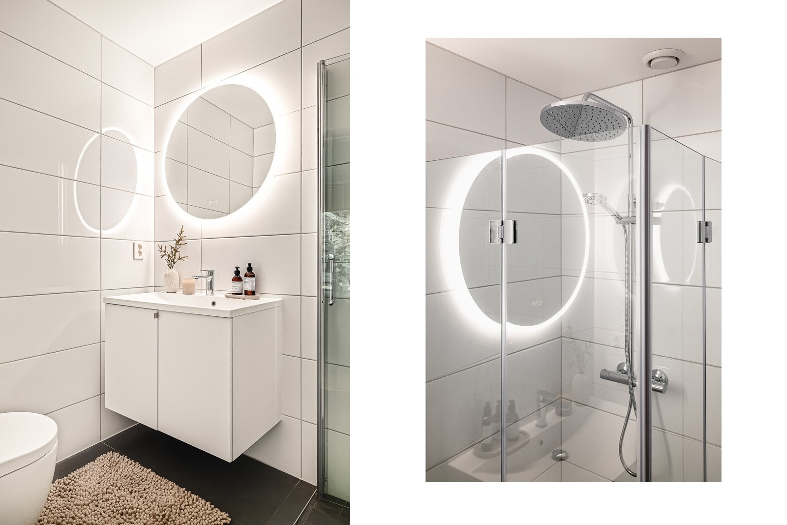 Badet er helfliset med varmekabler i gulv og er utstyrt med dusj, toalett og servant med overhengende speil. Galleribilde