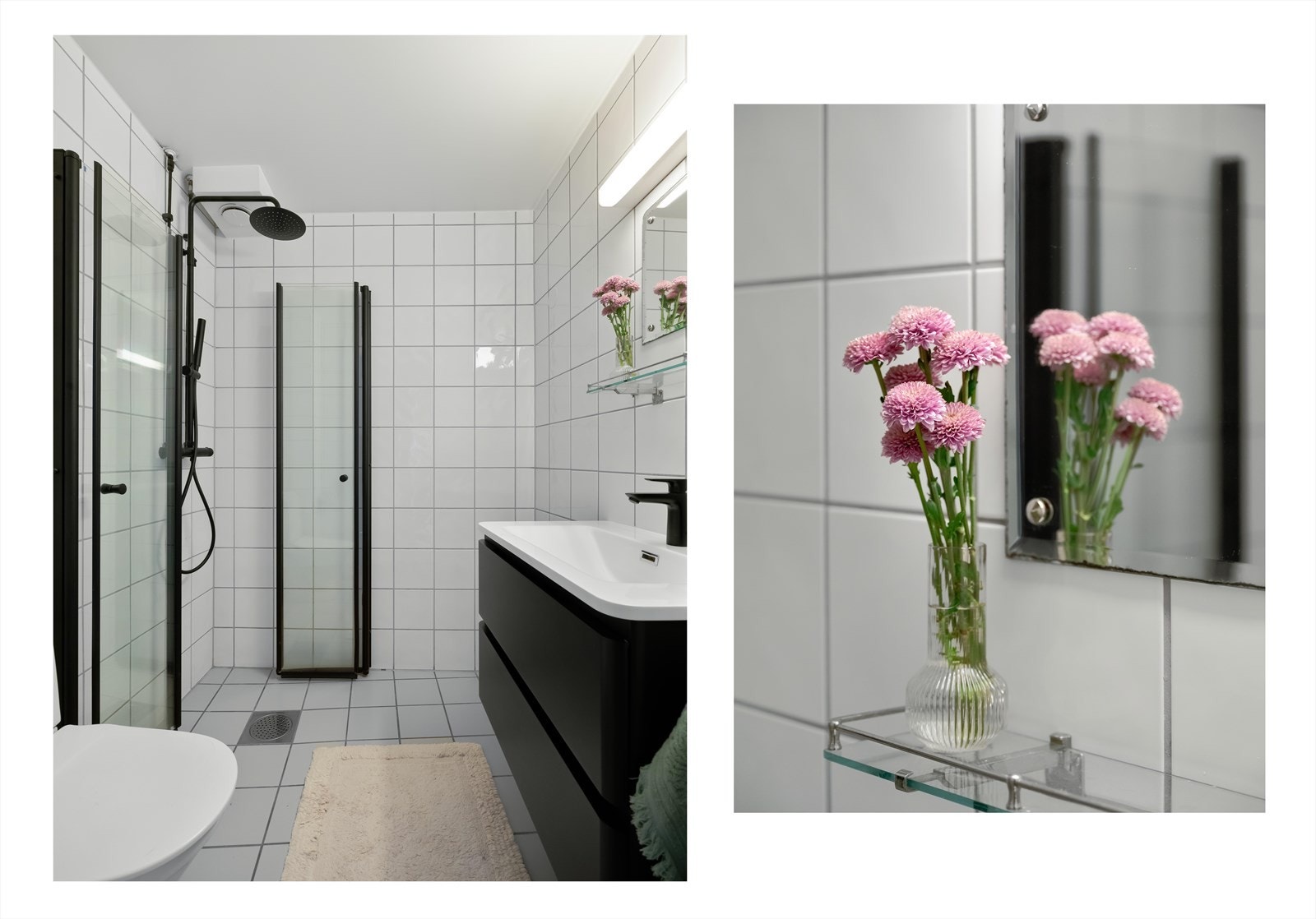 Baderomsinnredning med heldekkende servant på underskap med speil og belysning over. Ellers installasjoner med toalett og dusjhjørne med innfellbare glassdører. Det er fellesvaskeri i borettslaget. Galleribilde