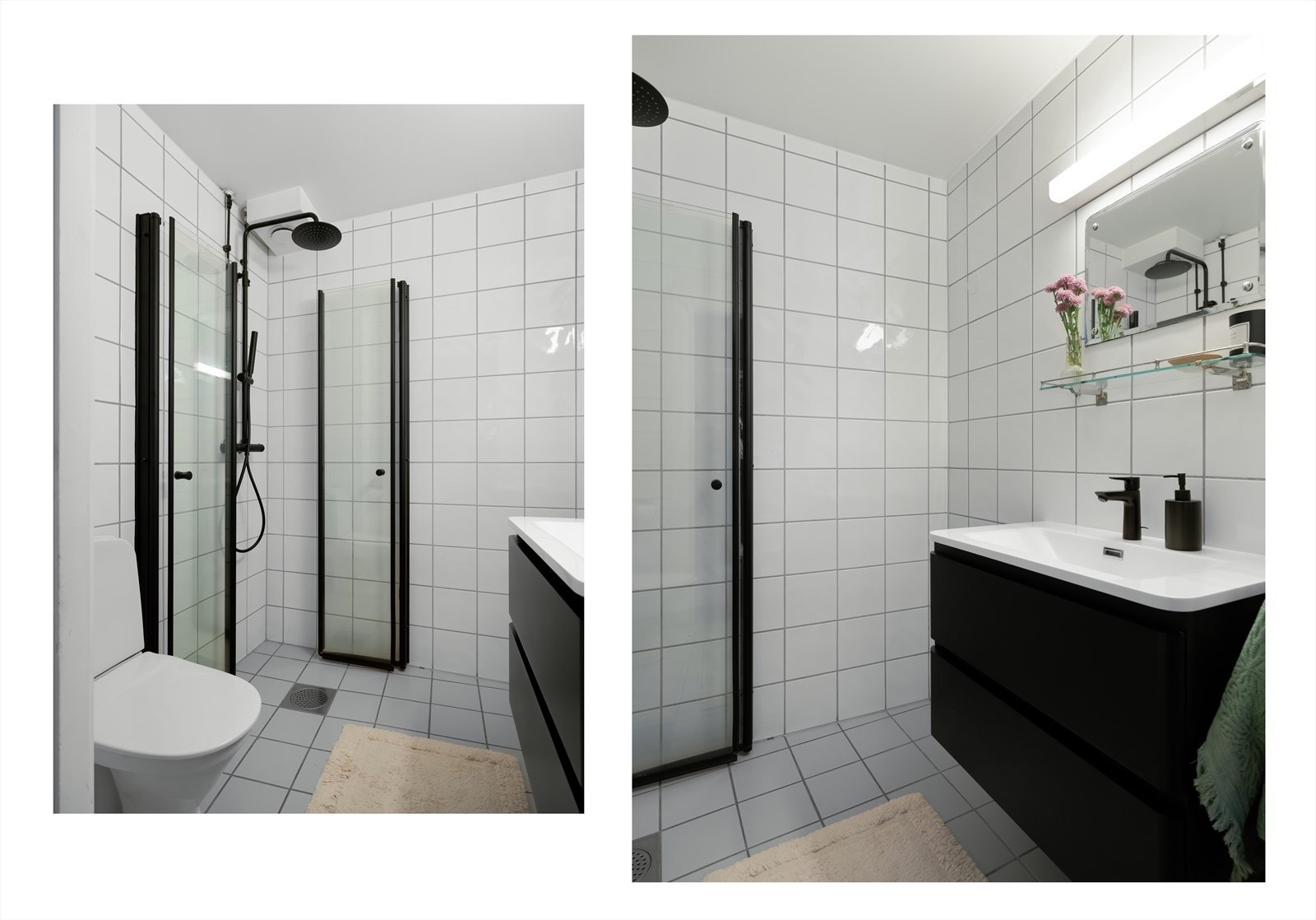 Flislagt bad med varmekabler i gulv, oppusset i regi av borettslaget i 2004. Dusjhjørne, dusjbatteri og servant er byttet ut i 2024. Galleribilde