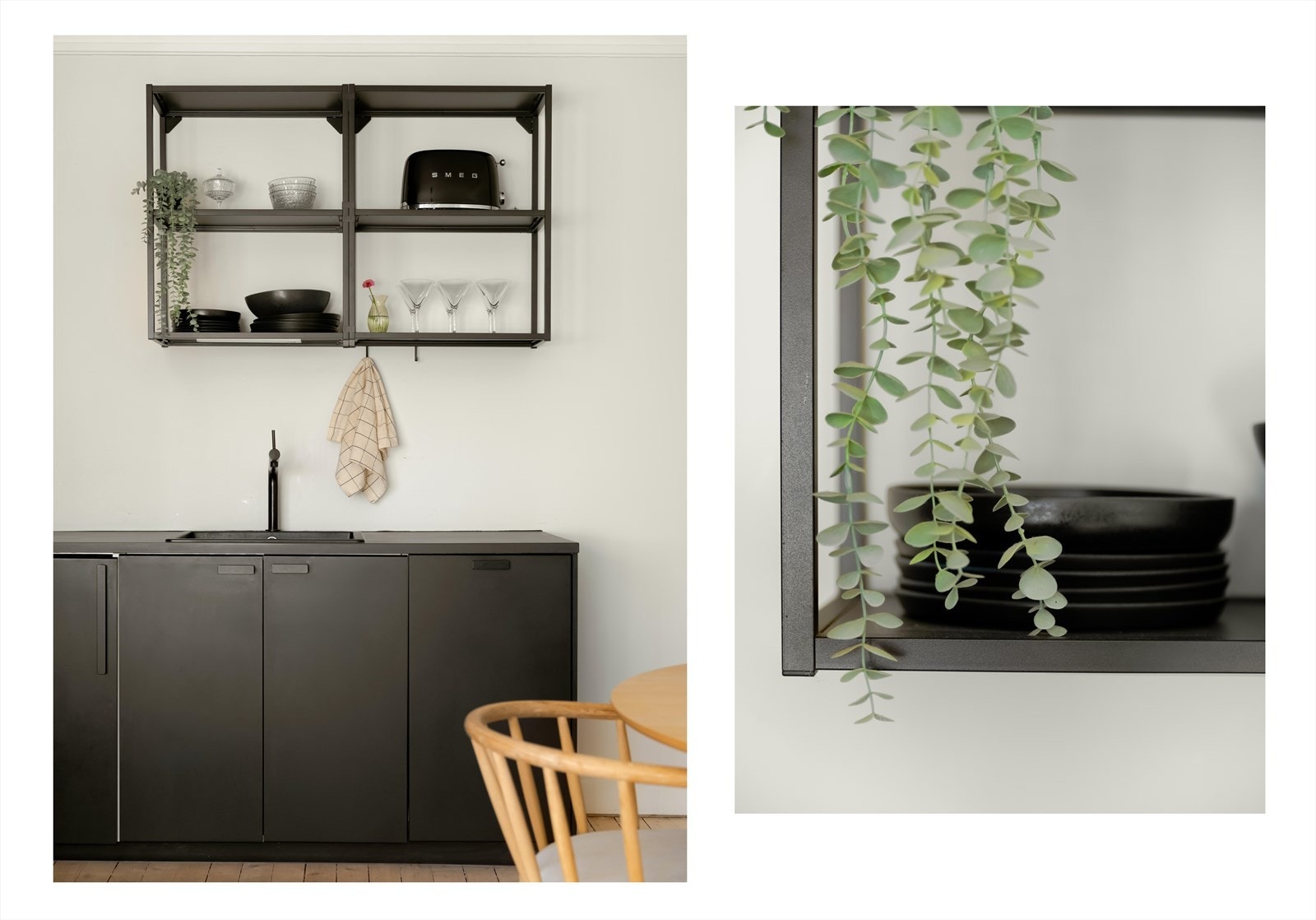 Det er laminert benkeplate med sort, nedfelt vask og platetopp. Galleribilde