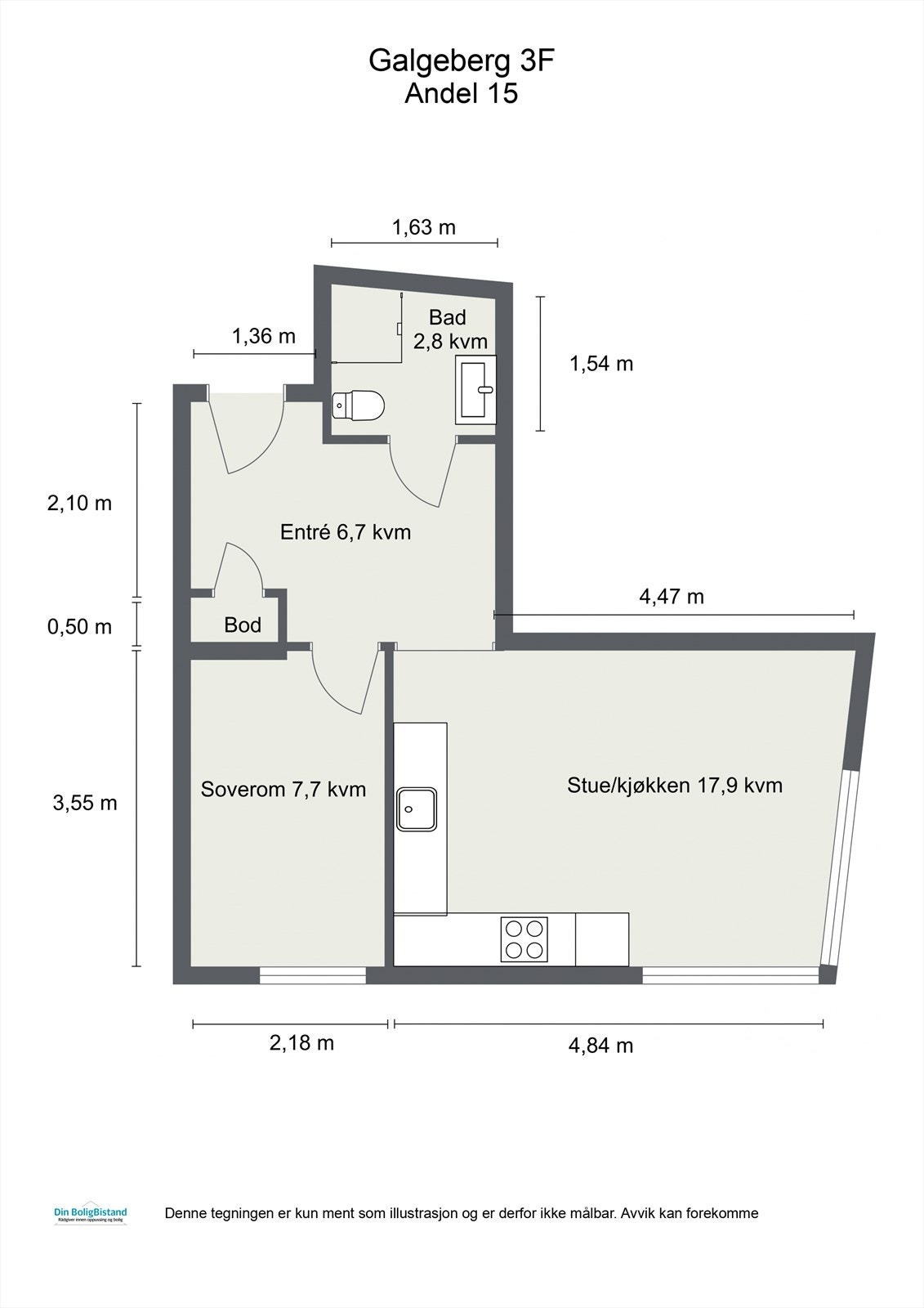 Leiligheten inneholder entré med bod/skap, bad, soverom og stue/kjøkken. I tillegg disponerer boligen en kjellerbod. Galleribilde