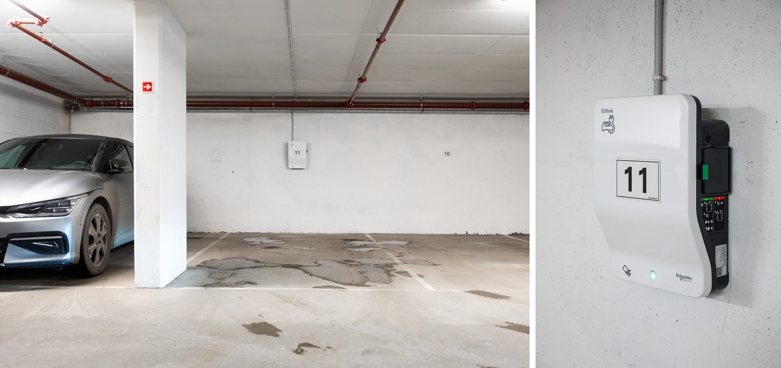 Leiligheten disponerer en garasjeplass merket med nummer 11 i felles garasjeanlegg. Det er montert lader for el-bil på garasjeplassen. Galleribilde