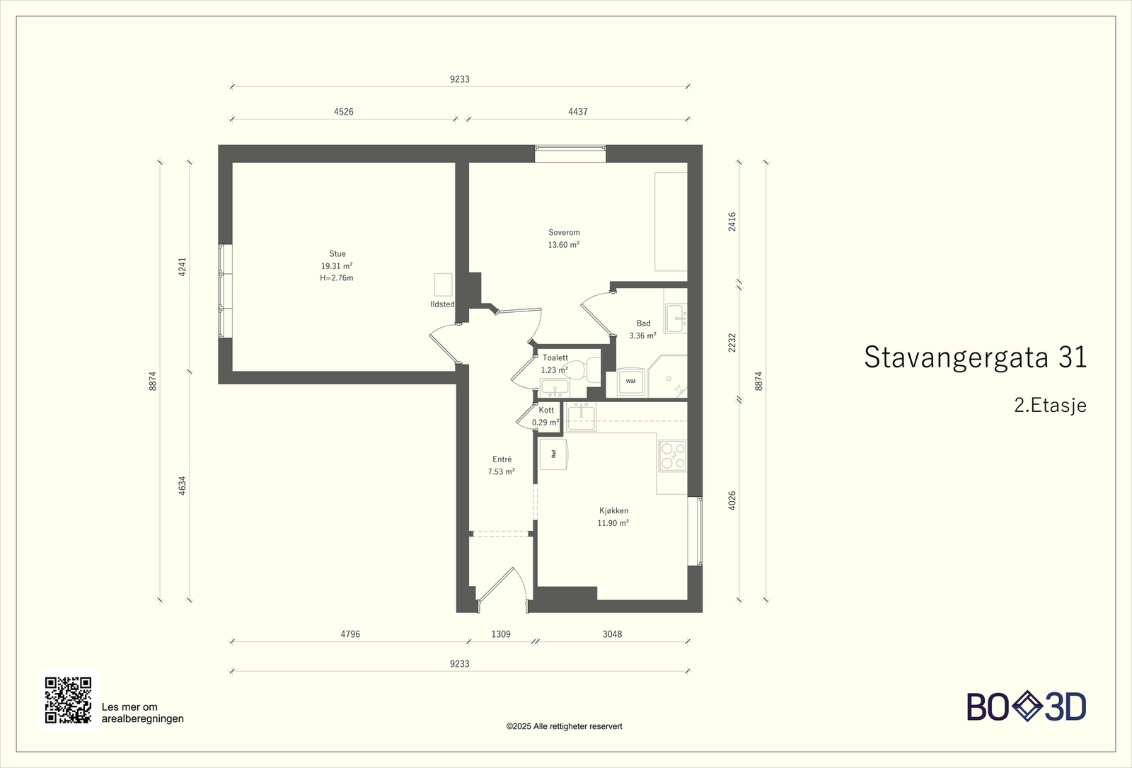 Vi kjører på med boligens plantegning med én gang, slik at du får orientert deg litt. I tillegg til innvendige arealer disponerer boligen 2 boder med et totalt areal på 15 kvm. Galleribilde