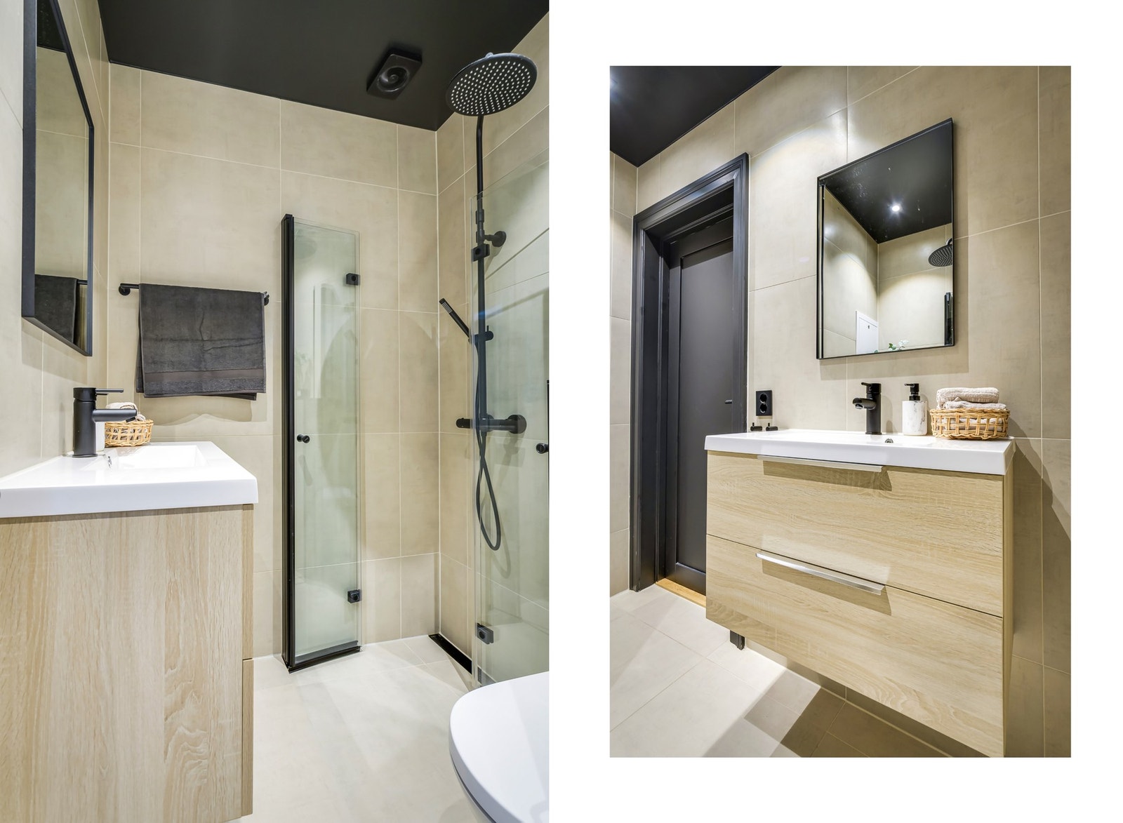 Dusjsonen har en sort regnfallsdusj og glassvegger innrammet i sort metall, som skaper en stilig kontrast til den lyse og varme baderomsinnredningen. Galleribilde