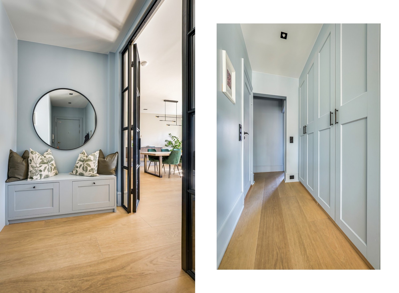 Sort smijernsdør mellom gang og stue tilfører boligen både karakter og eksklusivitet. Galleribilde