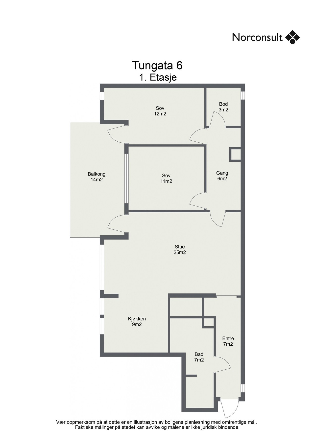 Planløsning på leiligheten. Kun vegg på kjøkken og bad som grenser mot nabo - horisontalt. Galleribilde