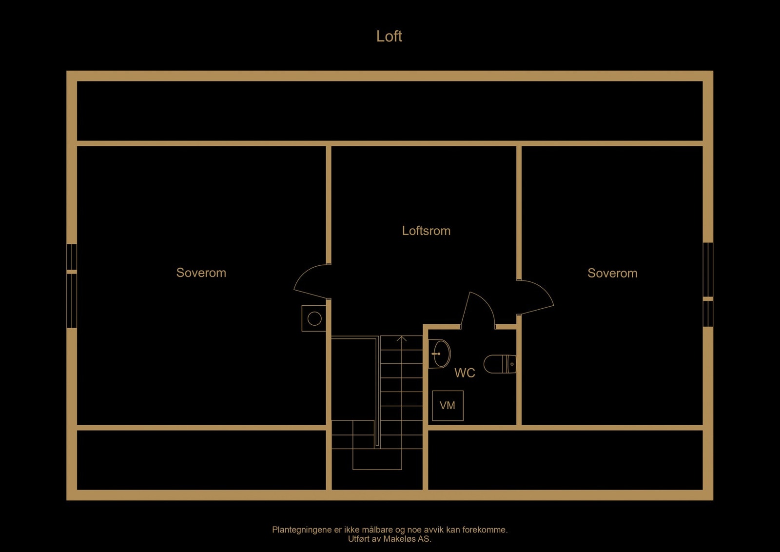Plantegning loft. Rom nevnt som soverom er ikke tegnet inn som soverom på tegninger fra kommune. (illustrasjon, avvik kan forekomme) Galleribilde