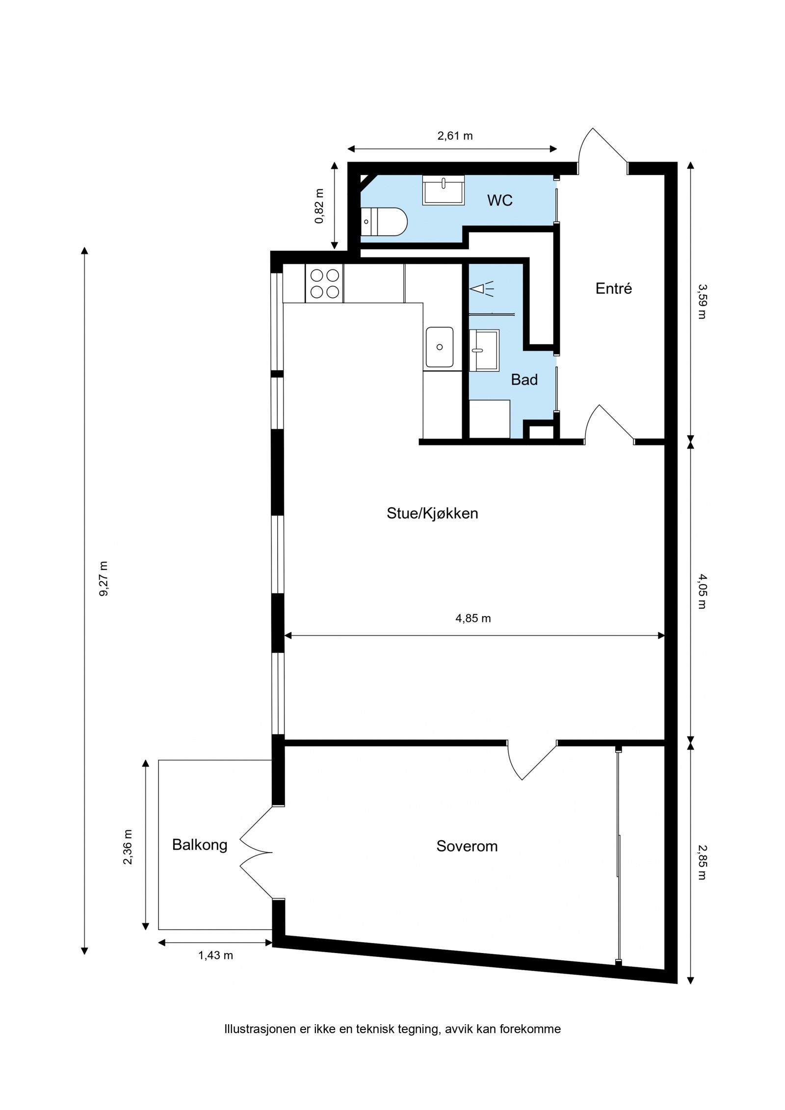 Plantegning. Leiligheten disponerer også en kjellerbod 5 kvm og loftsbod 3 GUA Galleribilde