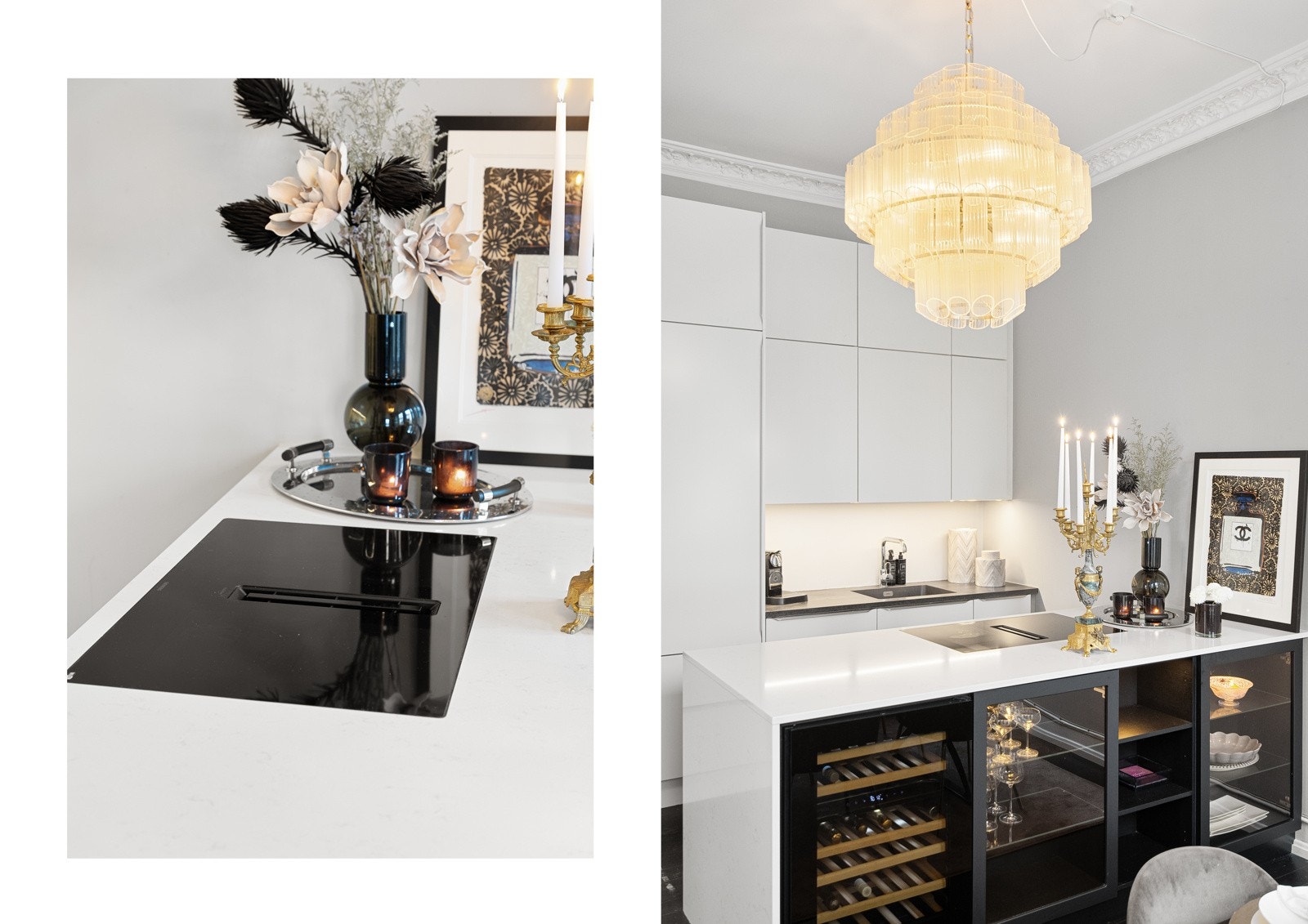 Komfyr, dampovn og induksjonstopp med innebygd kullfilterventilasjon fra Siemens, oppvaskmaskin fra Miele, kombiskap og vinskap fra Temptech er integrert i innredningen. Galleribilde