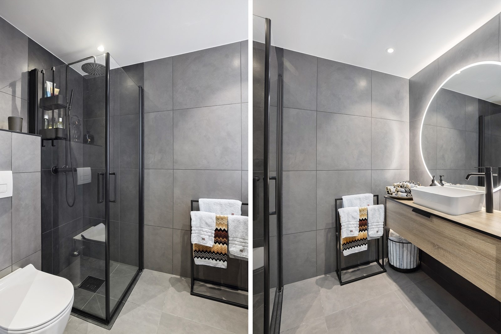 Bad nr 2 har stilrene flislagte gulv og vegger, med varmekabler. Baderommet er innredet med servant over skuffinnredning med god oppbevaringsplass, dusjhjørne med veggfestet garnityr og innfellbare dusjvegger. Vegghengt toalett Galleribilde