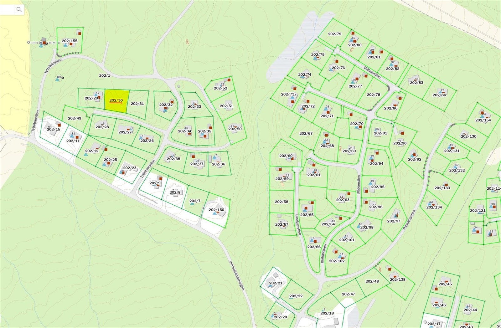 Tomt 202/30 er merket med gult og rødt. Galleribilde