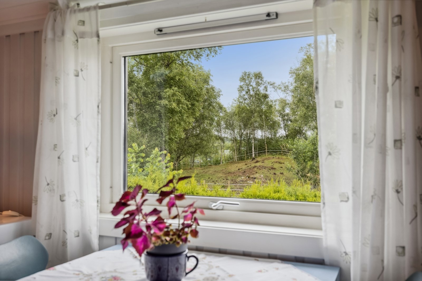 Fra kjøkkenvinduet har man fin utsikt mot hagen på baksiden av boligen. Galleribilde