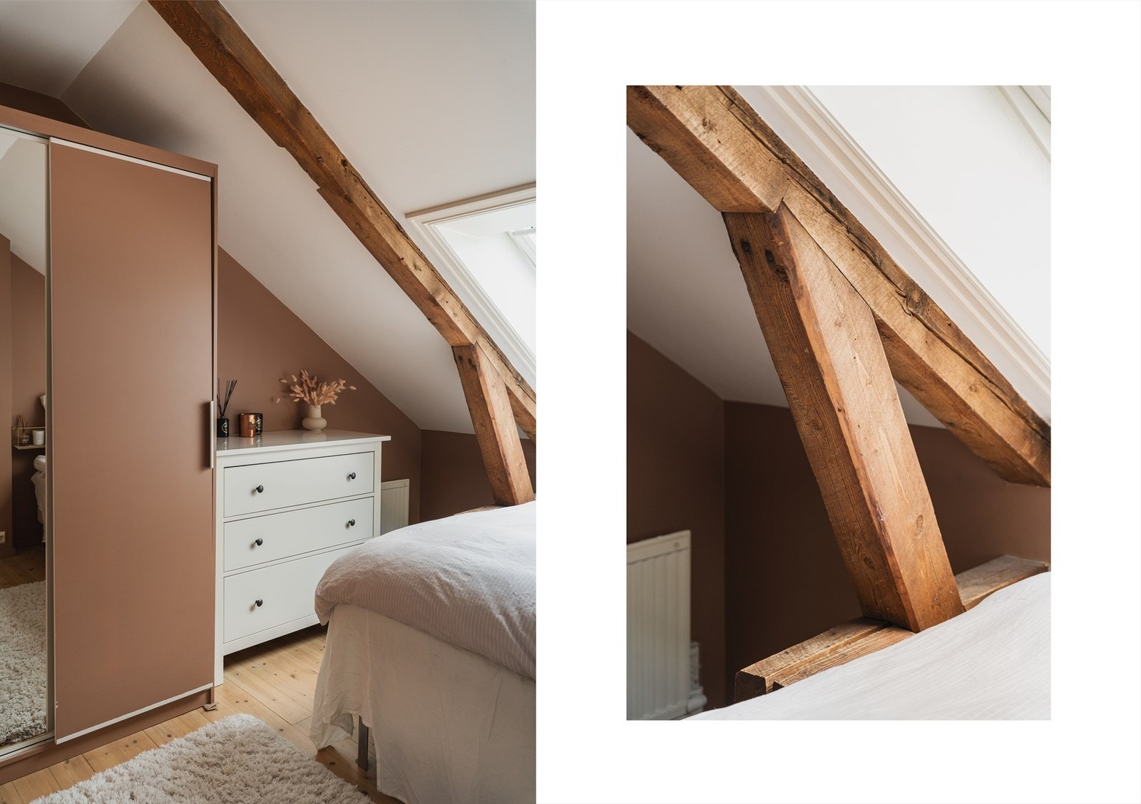 Det er gode oppbevaringsmuligheter i skap på soverommet. Mer også de flotte bjelkene som utgjør en pen detalj i dette rommet. Galleribilde