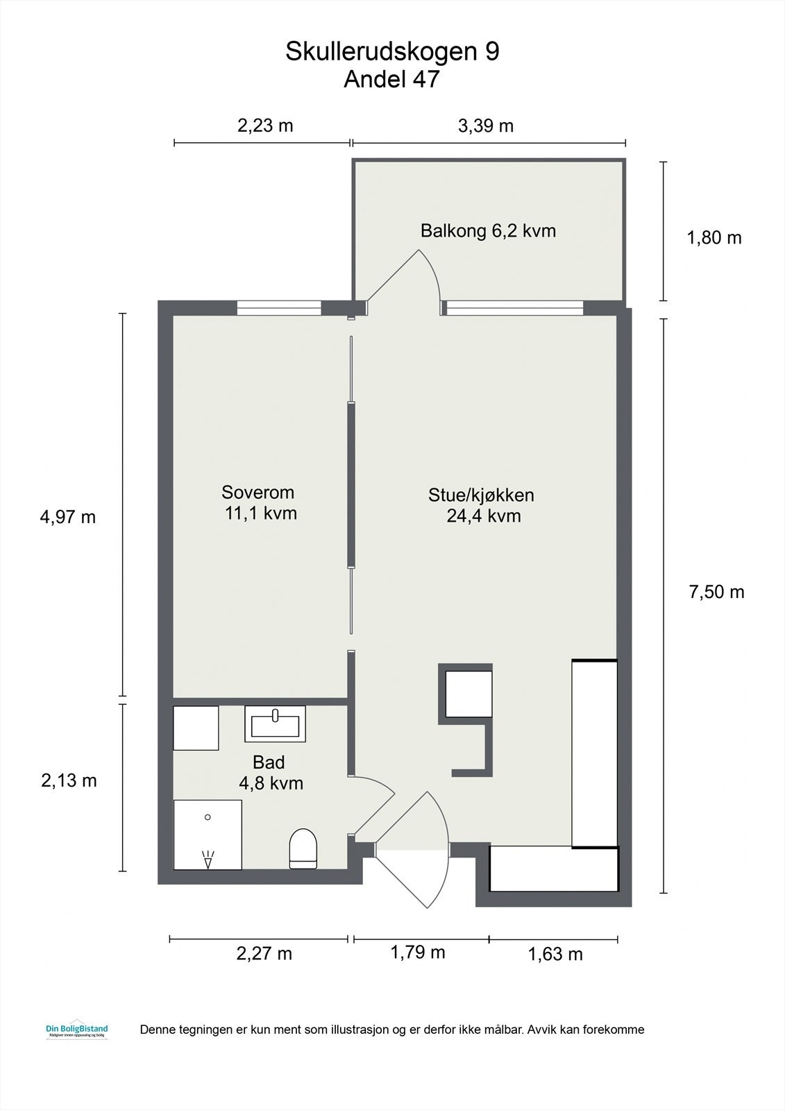 Leiligheten ligger i 4. etasje og inneholder entré, bad, soverom og åpen stue/kjøkkenløsning med utgang til balkong. I tillegg disponerer leiligheten en bod i kjelleretasjen. Galleribilde