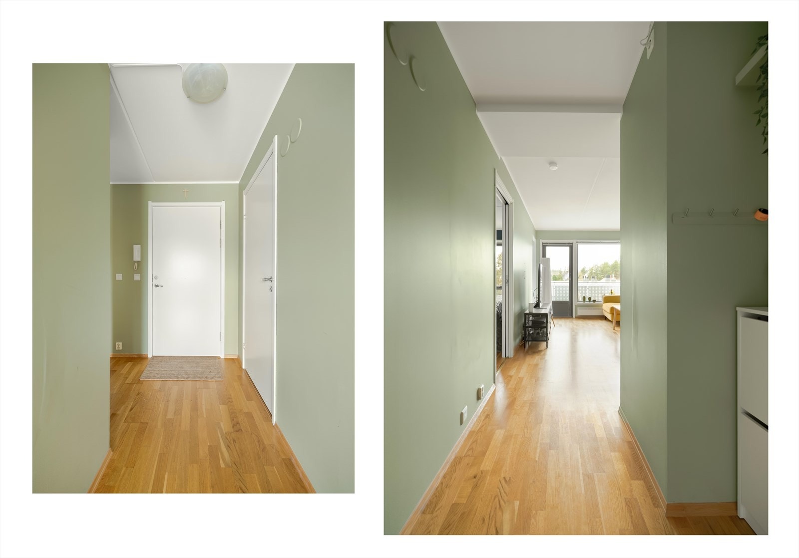 En hyggelig entré ønsker deg velkommen inn. Oppbevaringsmuligheter for yttertøy og sko til høyre for ytterdøren. Galleribilde