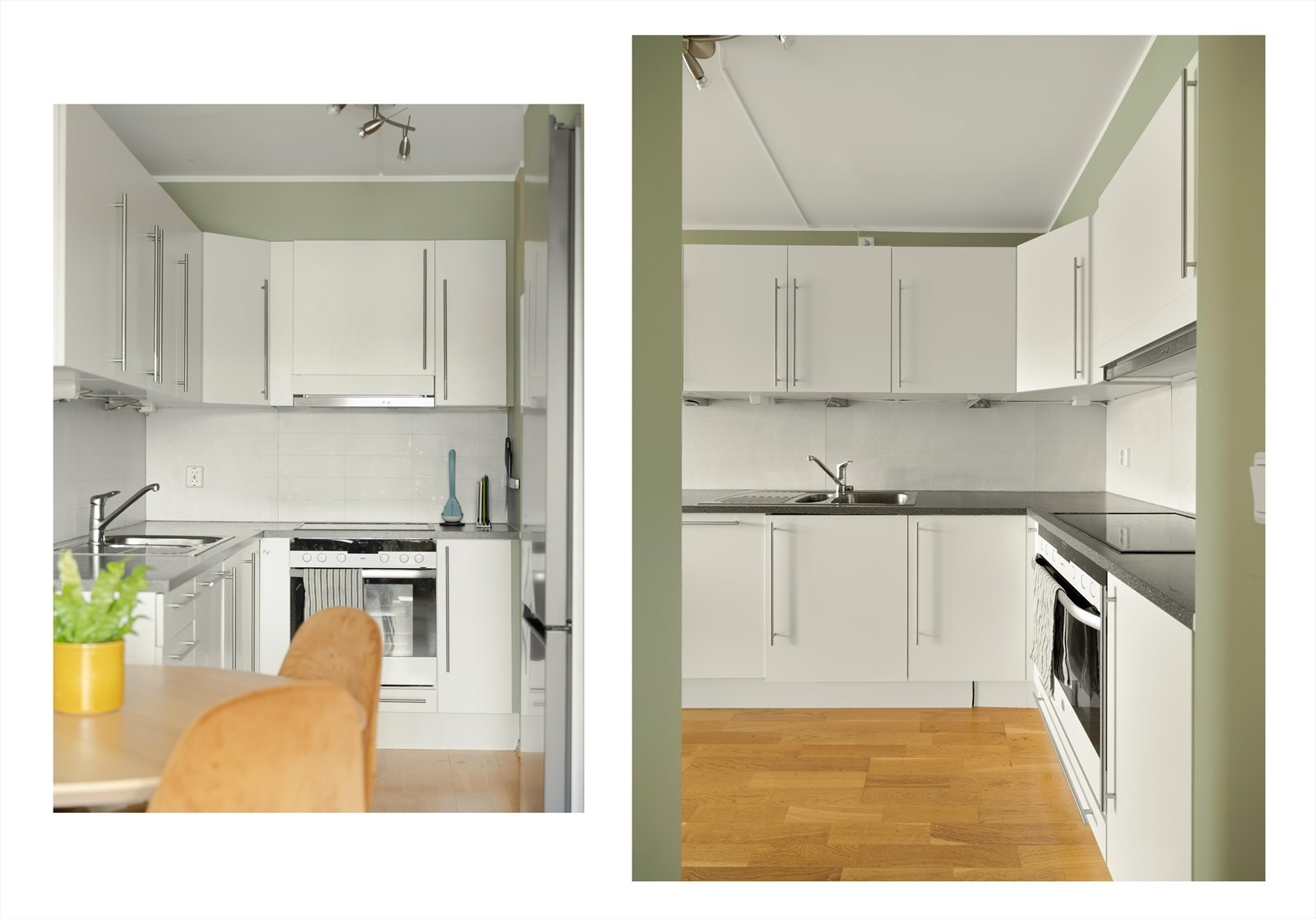 Integrerte hvitevarer med oppvaskmaskin, stekeovn. Frittstående kombiskap (kjøl og frys). Galleribilde