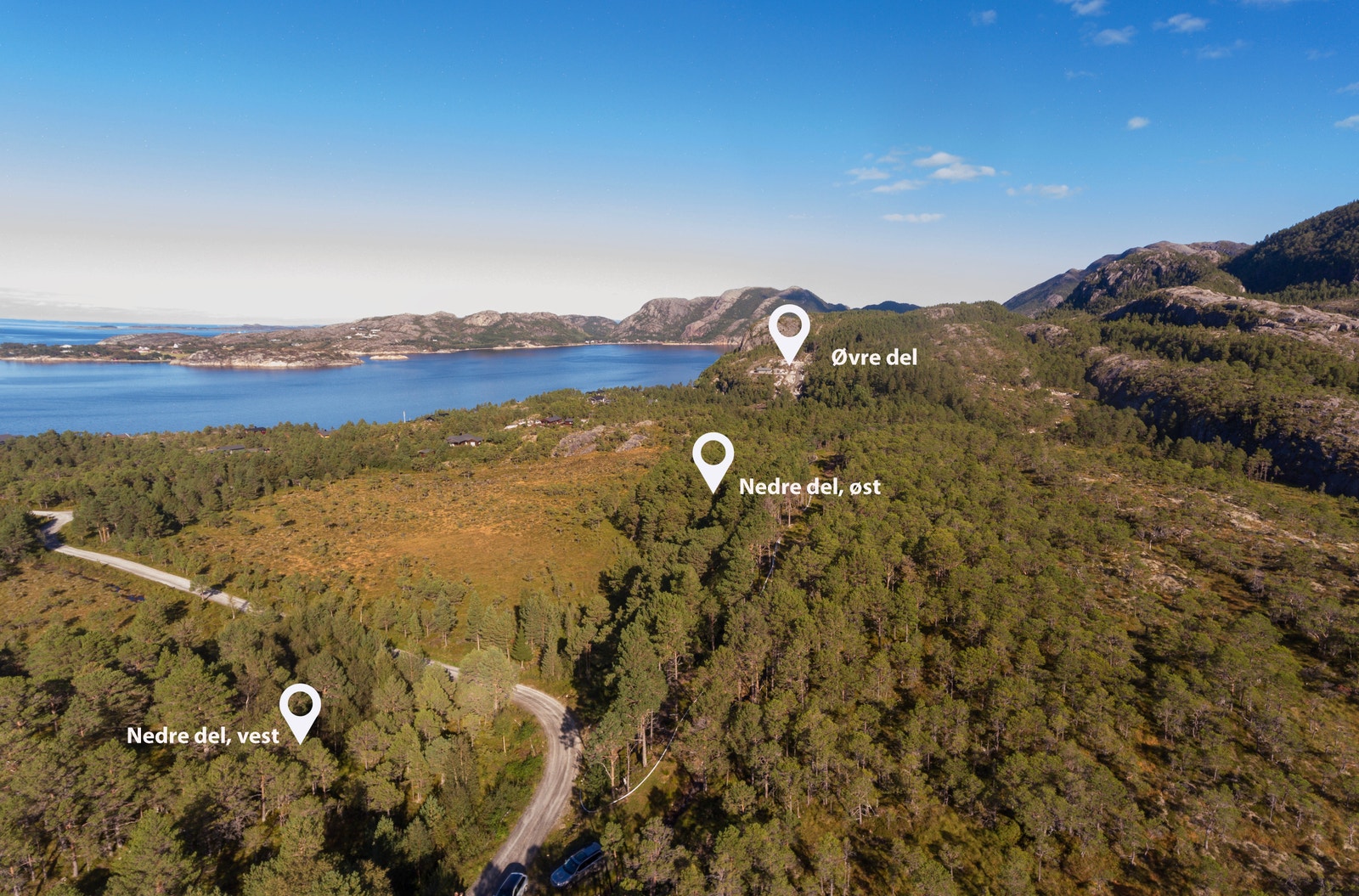 Områdene øvre del, nedre del vest og nedre del øst ligger på rekke. Alle med solrik beliggenhet Galleribilde