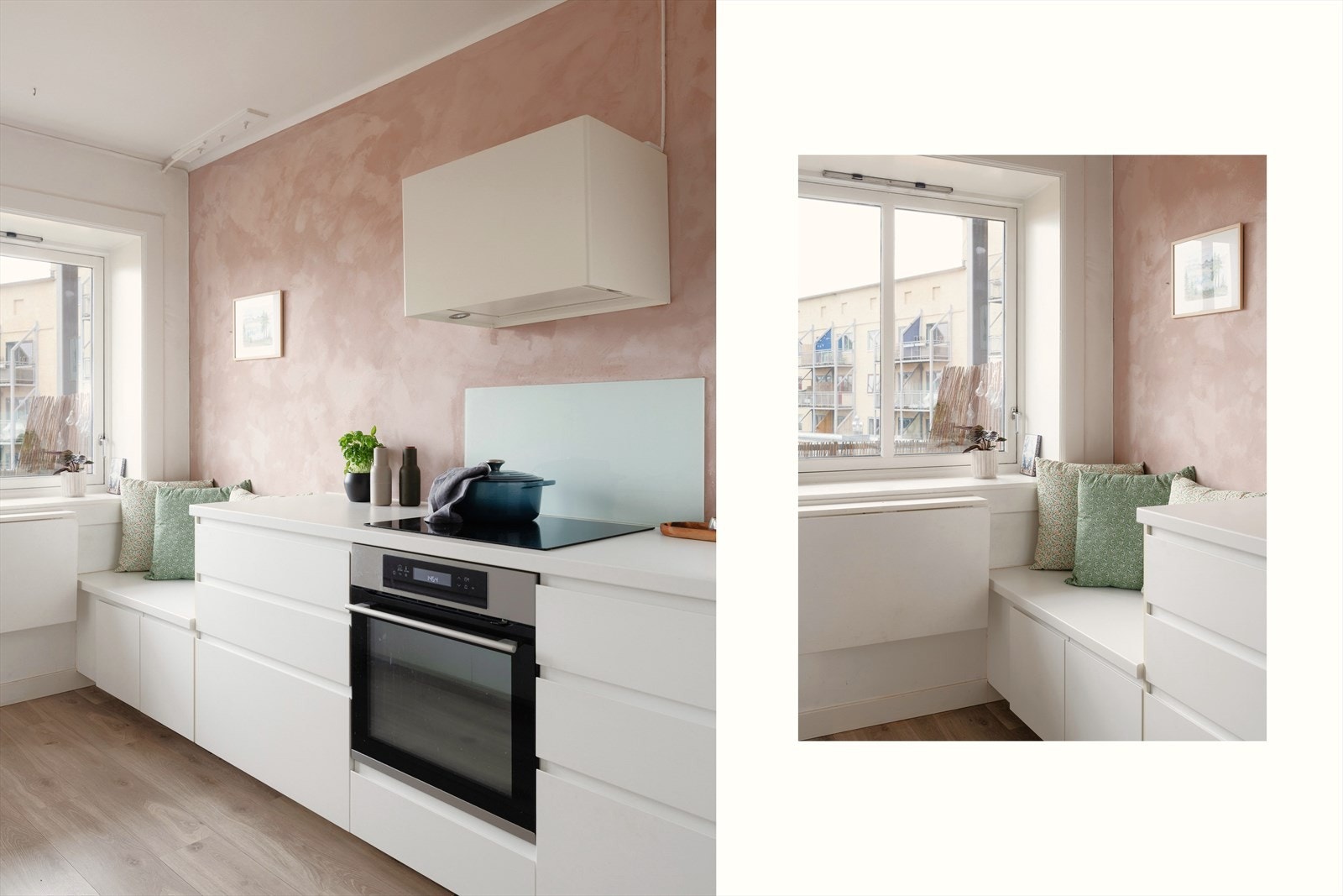 Kjøkkenet er et blikkfang med sin rosa vegg i kalkmaling. Innredningen er fra 2017. Koselig sittebenk ved vinduet. Galleribilde