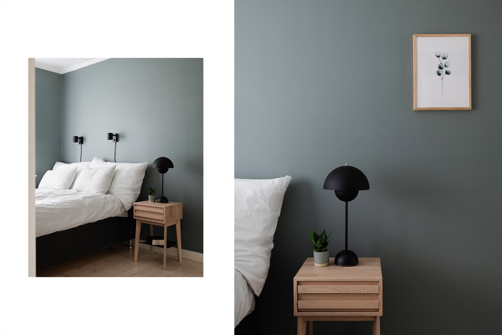 Veggflatene er malt i en mørkere grønnfarge som inviterer til en god natts søvn. Galleribilde