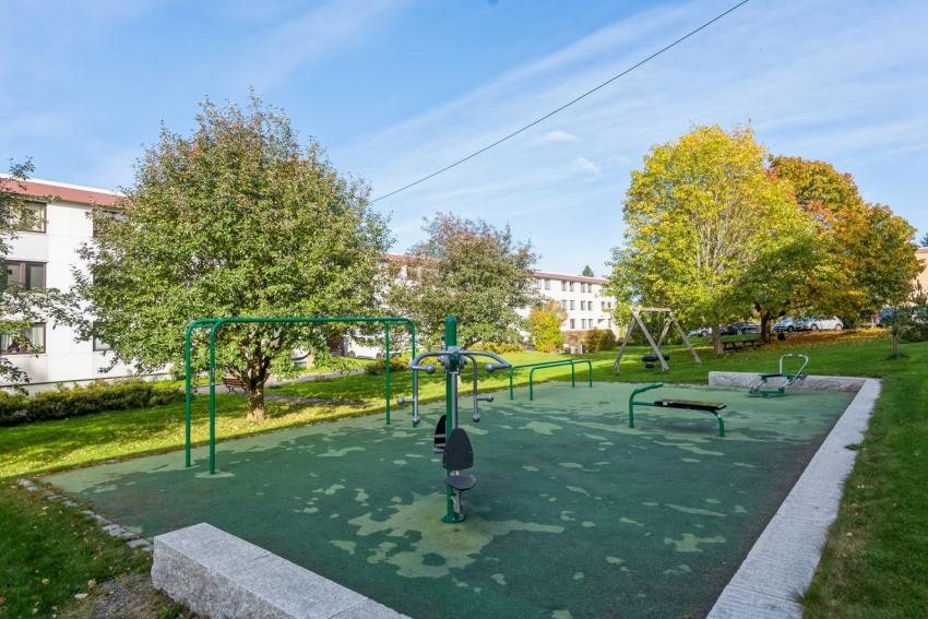 Borettslaget har investert betydelige ressurser i fellesarealene, inkludert treningsapparater i parken. Galleribilde