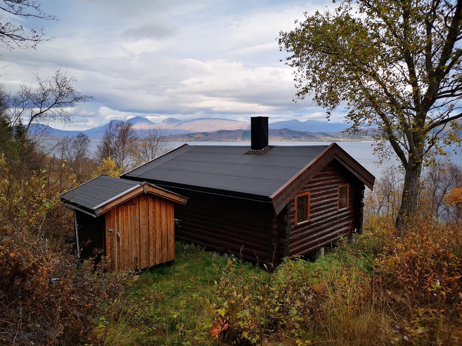 Hytta med uthus og fjord i bakgrunn. Galleribilde