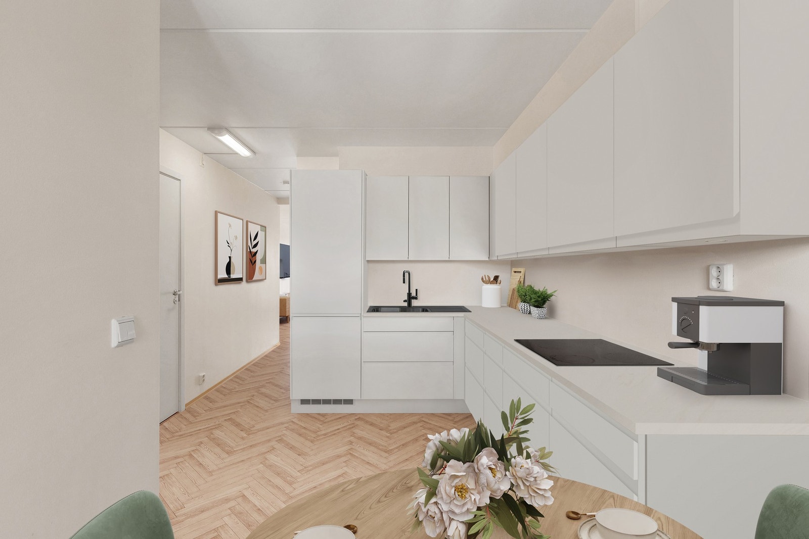 Inspirerende kjøkkenfornyelse! Digital renovering viser hvordan rommet kan tilpasses en moderne livsstil med rene linjer og smart oppbevaring. Galleribilde