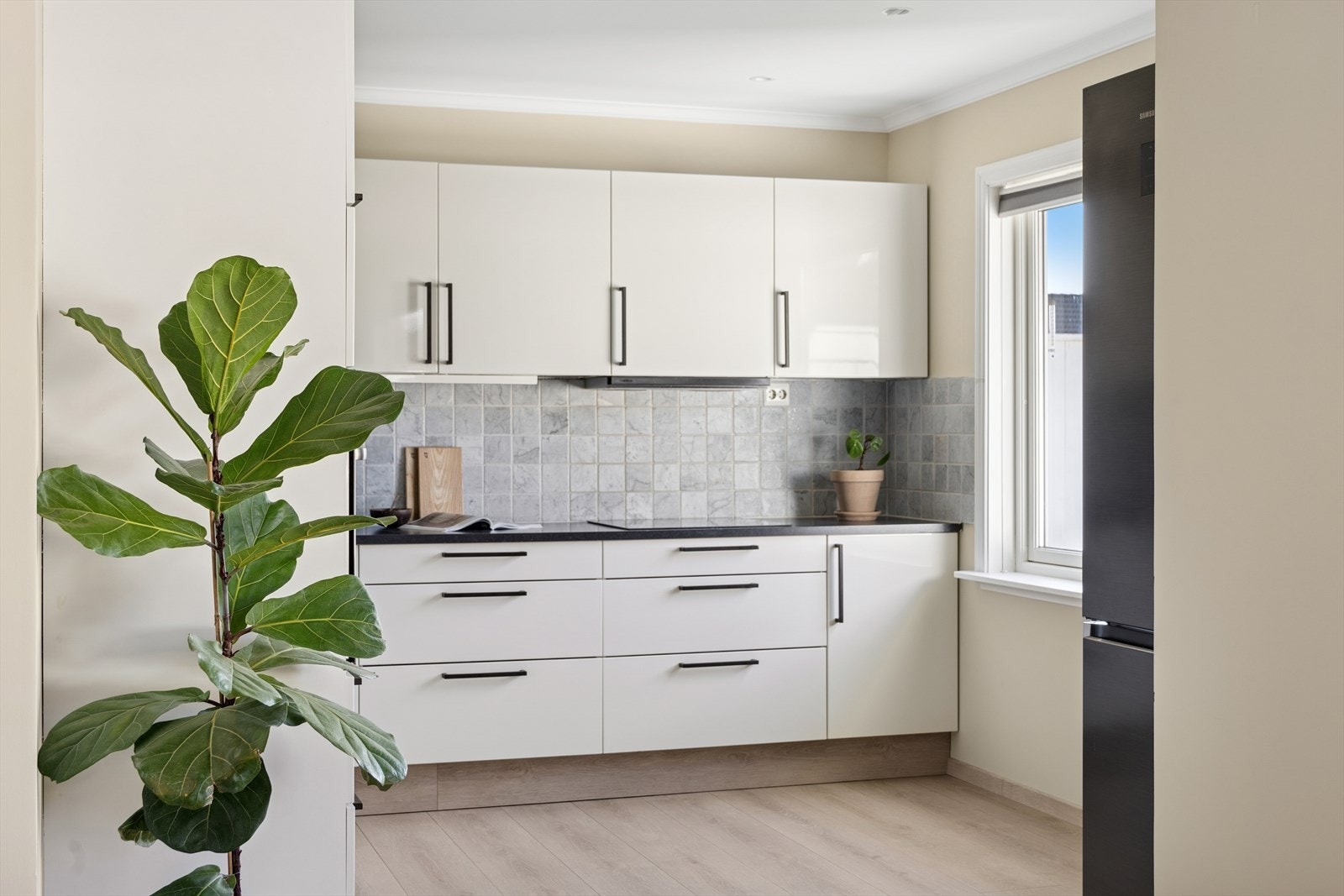 Kjøkken fra HTH med integrerte hvitevarer og ny platetopp fra 2025! Galleribilde