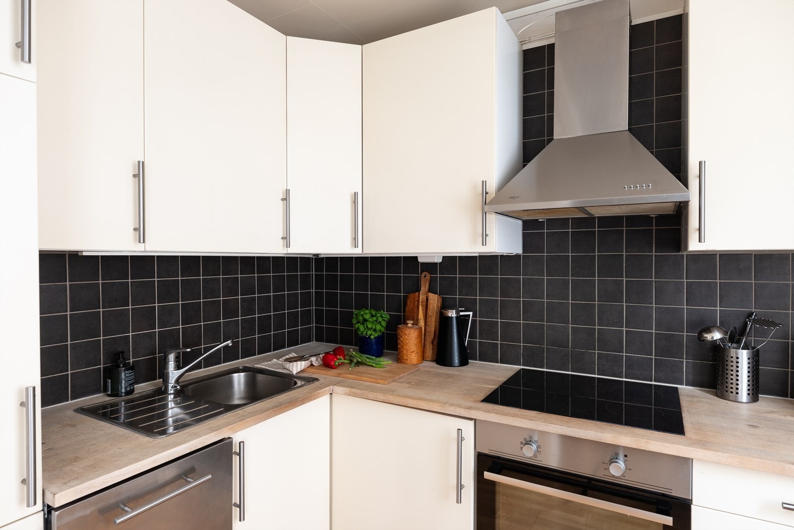 Hvitevarer som oppvaskmaskin, stekeovn, platetopp og kombinert kjøl- og fryseskap medfølger handelen. Galleribilde