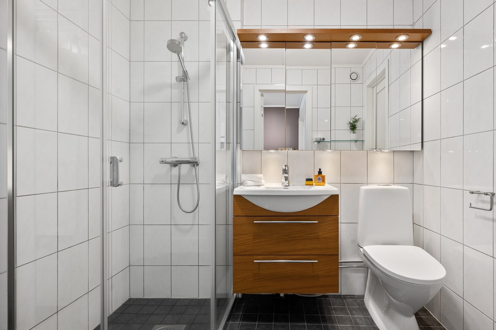 Pent bad med baderomsinnredning, speilskap med belysning, dusjdører og toalett. Galleribilde