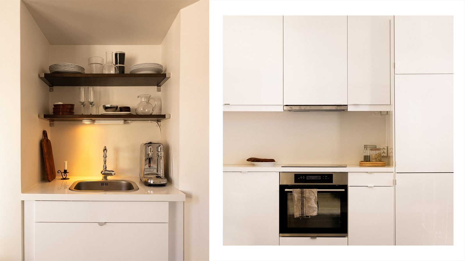 Integrerte hvitevarer med induksjon platetopp, stekeovn, kombiskap (kjøl/frys) og oppvaskmaskin. Opplegg for vaskemaskin. Galleribilde