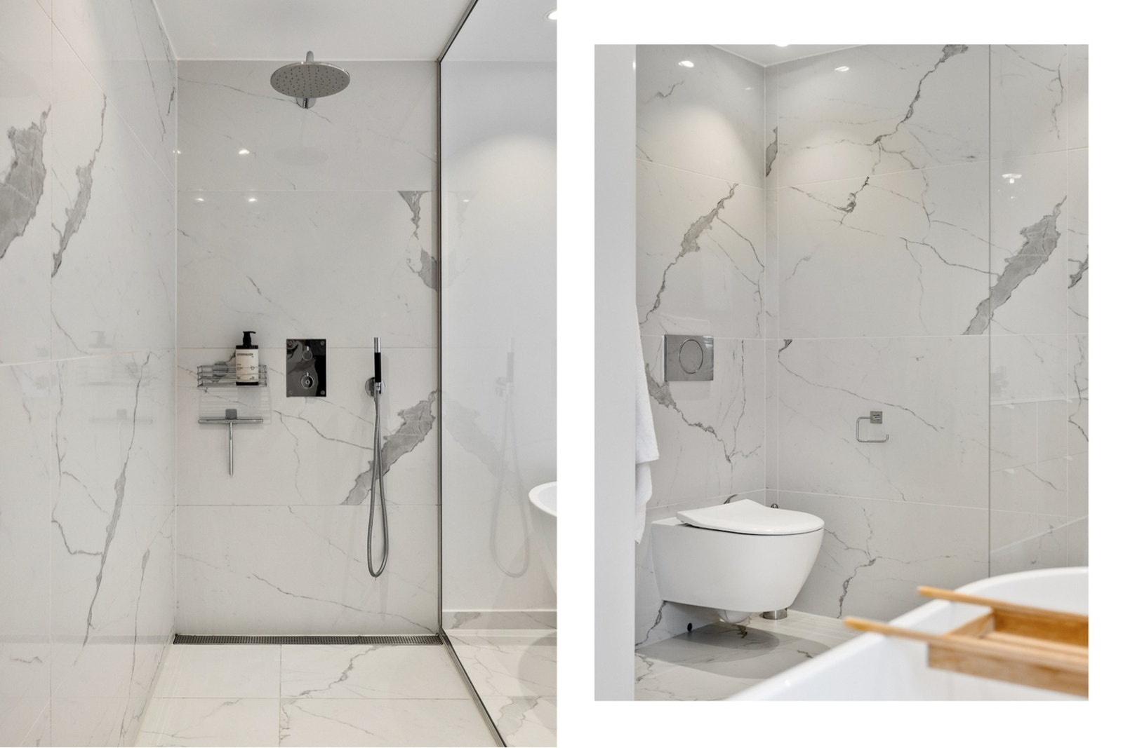 Badet bærer preg av rene linjer og stilrent design med bl.a. vegghengt toalett og en herlig dusjnisje med tak- og hånddusj med skjult armatur og slukrenne. Galleribilde