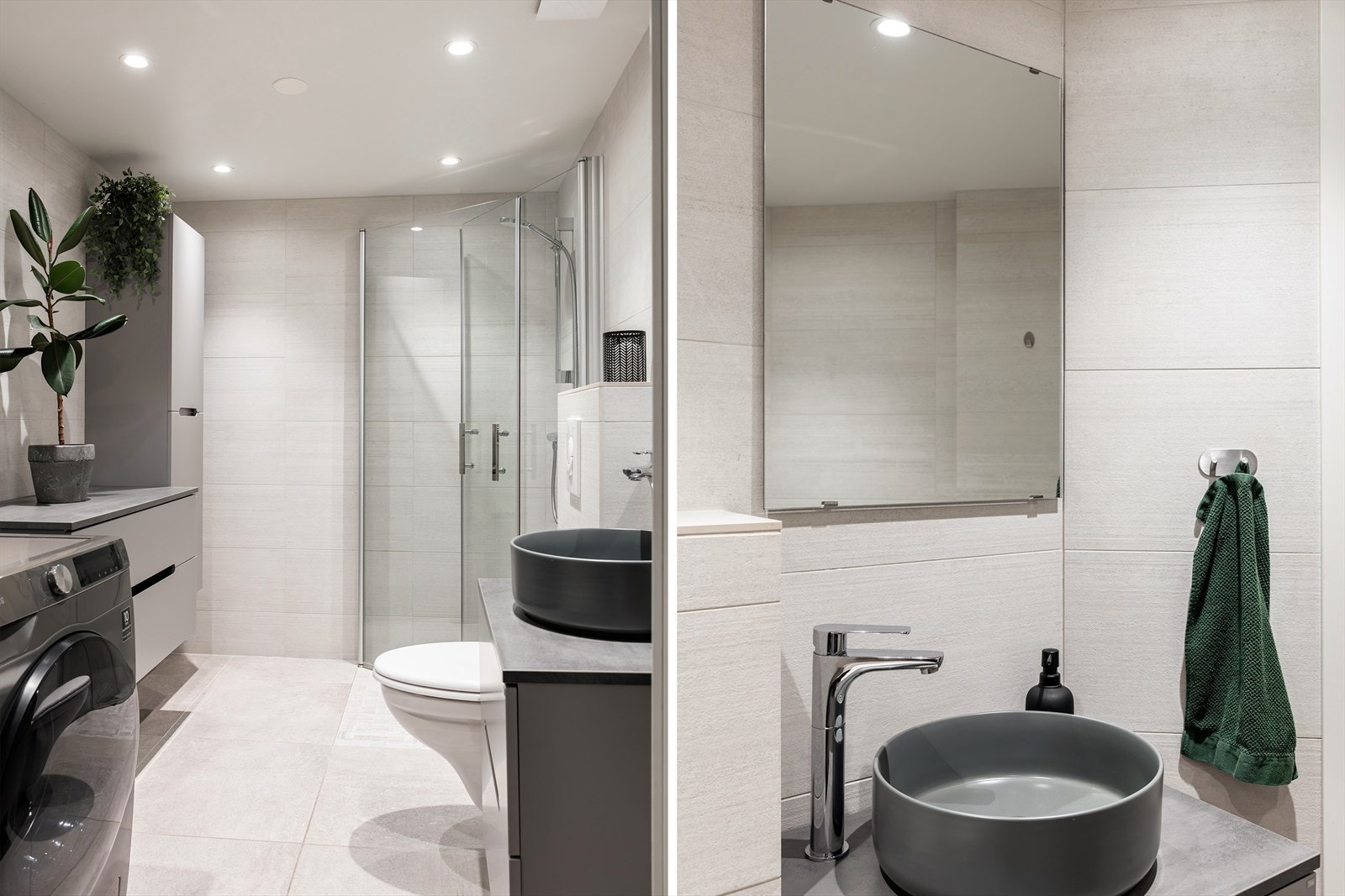 Badet har en praktisk dusjnisje med innfellbare glassdører, vegghengt toalett og servant med ett-greps blandebatteri. Det er etablert strøm bak speilet for speillys. Galleribilde