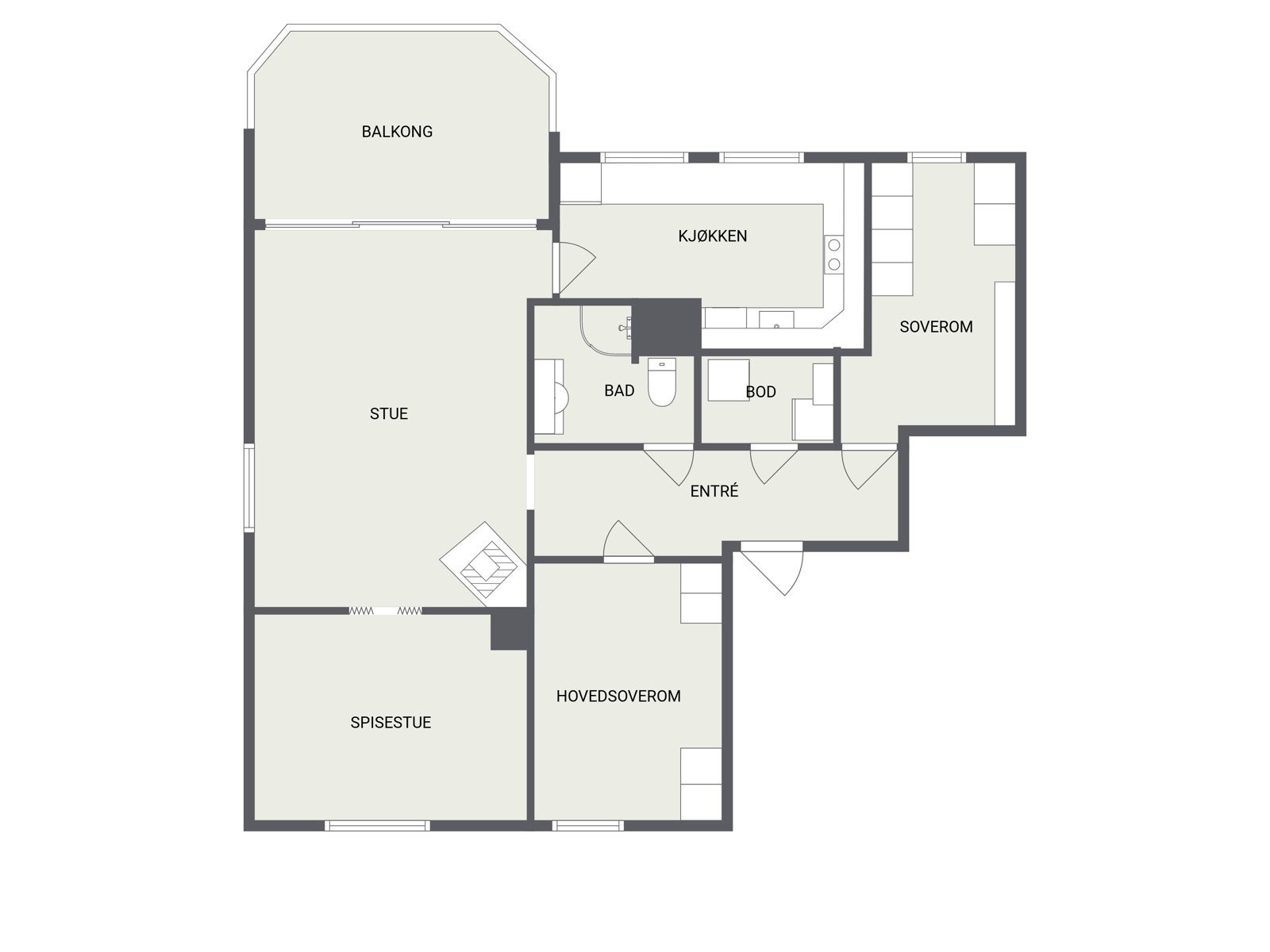 Planløsning - Spisestuen på tegningen er opprinnelig et godkjent soverom, og kan tilbakeføres hvis ønskelig. Galleribilde