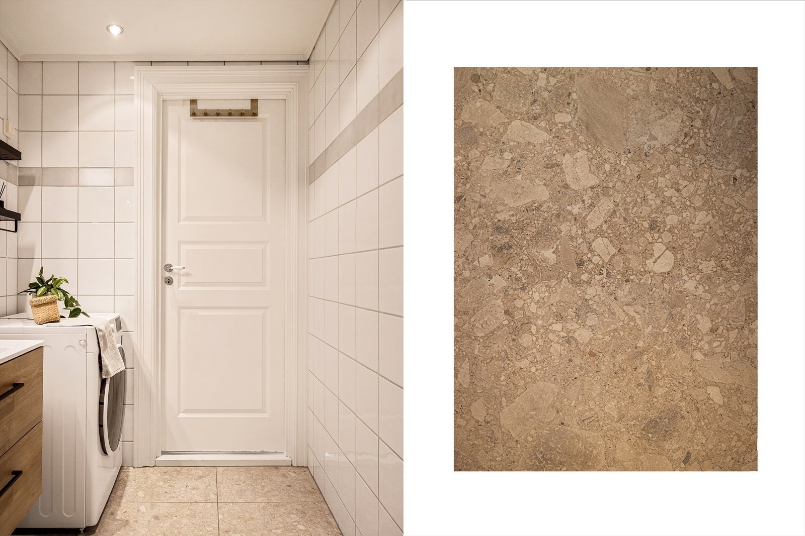 Badet er innredet med servantskap, toalett, hjørnedusj med glassvegger og opplegg for vaskemaskin. Galleribilde