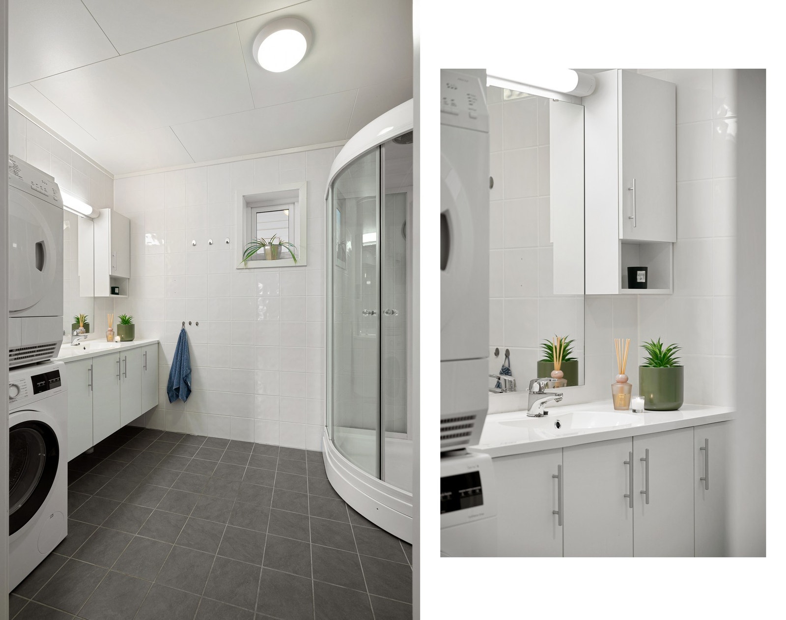 Kombinert bad og vaskerom, med plass og røropplegg for vaskemaskin og tørketrommel Galleribilde