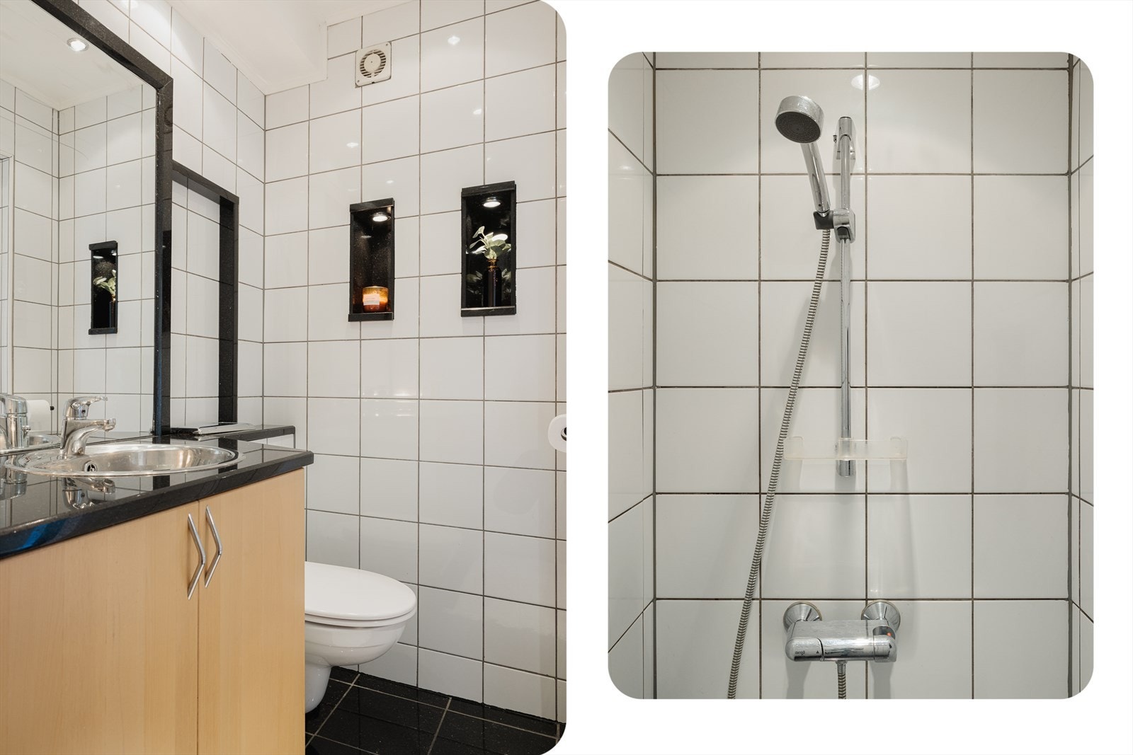 Rommet er innredet med dusjnisje, baderomsmøblement og vegghengt toalett. Galleribilde