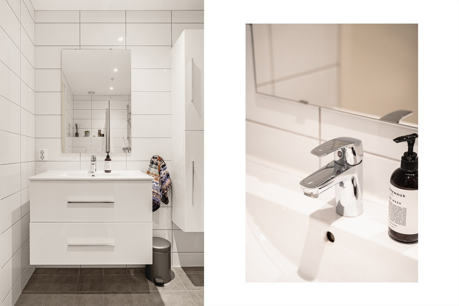 Badet inneholder servant med tilhørende møblement for praktisk oppbevaring, samt speil. Det er spotbelysning i tak, noe som gir god belysning. Videre er det vegghengt toalett og dusj med glassfoldedør. Galleribilde