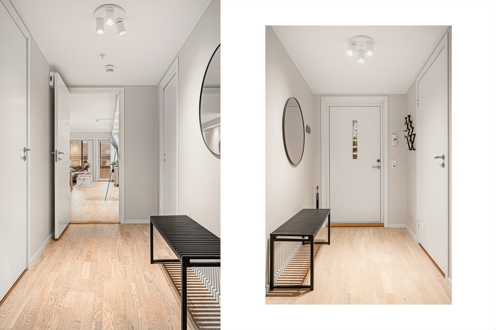 Leiligheten har en fin entré med plass til å henge fra seg yttertøy og sko. Galleribilde