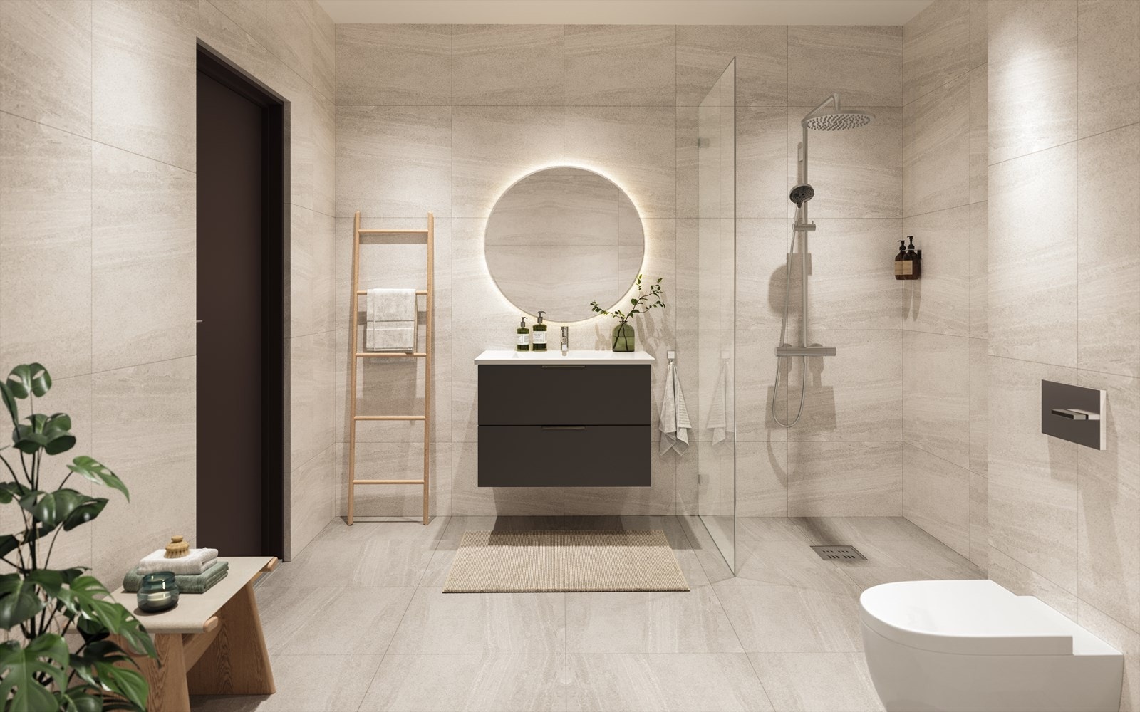 Leiligheten får stilren baderomsinnredning fra HTH og baderomsutstyr fra kvalitetsleverandørene Dornbracht og Duravit (Illustrasjon fra leilighet 305) Galleribilde