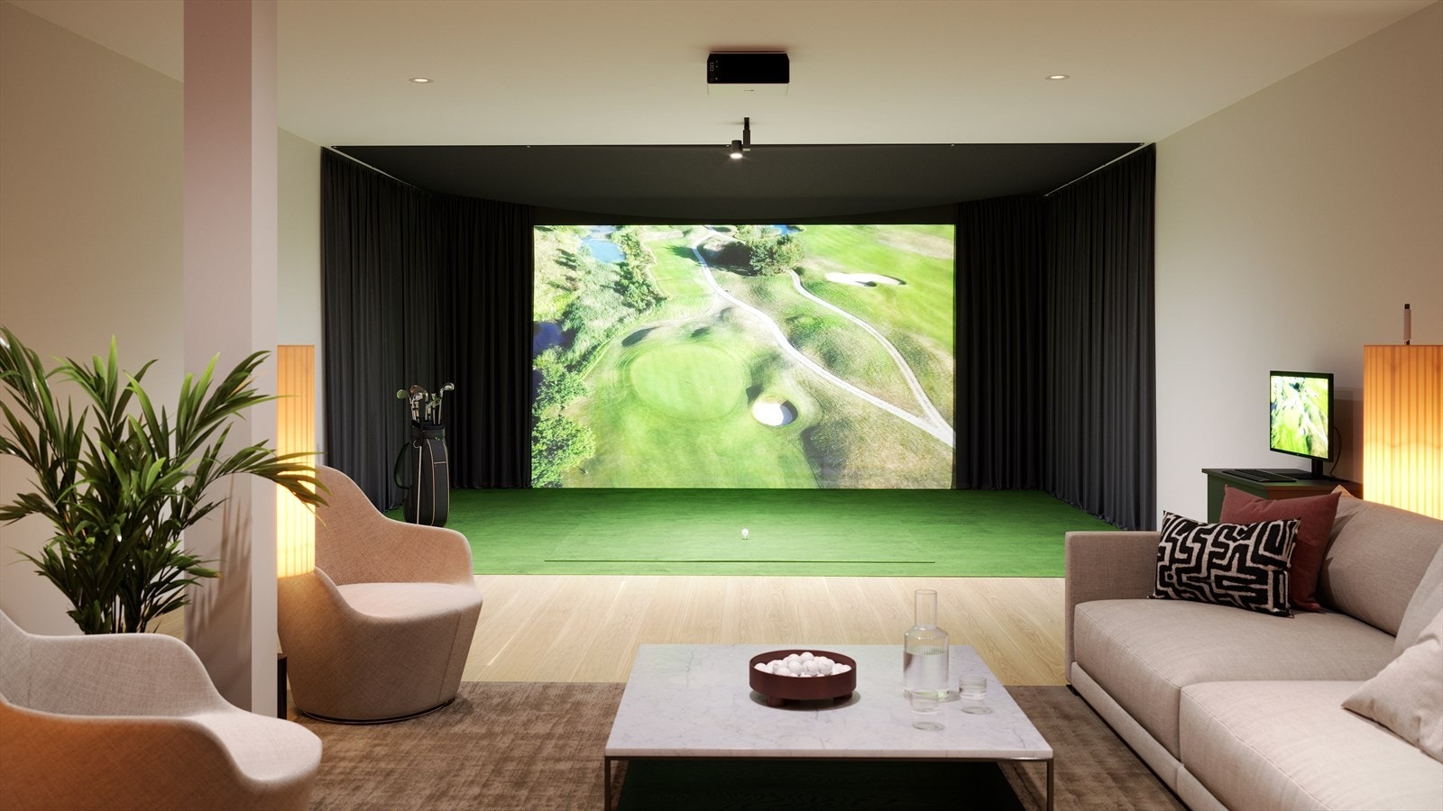Det vil også bli etablert en golfsimulator med tilhørende sittegruppe (Illustrasjonsbilde) Galleribilde