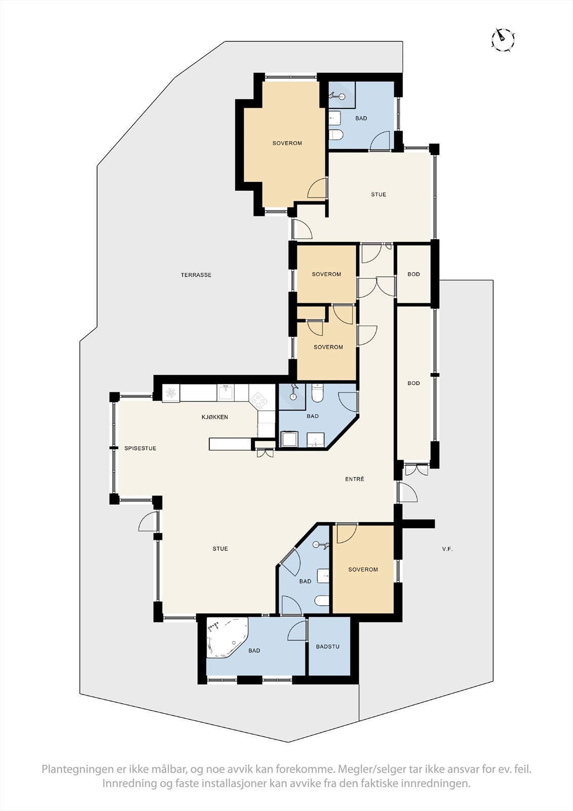 Genuin planløsning med to separate soner, hver med egne soverom og bad, som gir privatliv og fleksibilitet for hele familien. Galleribilde