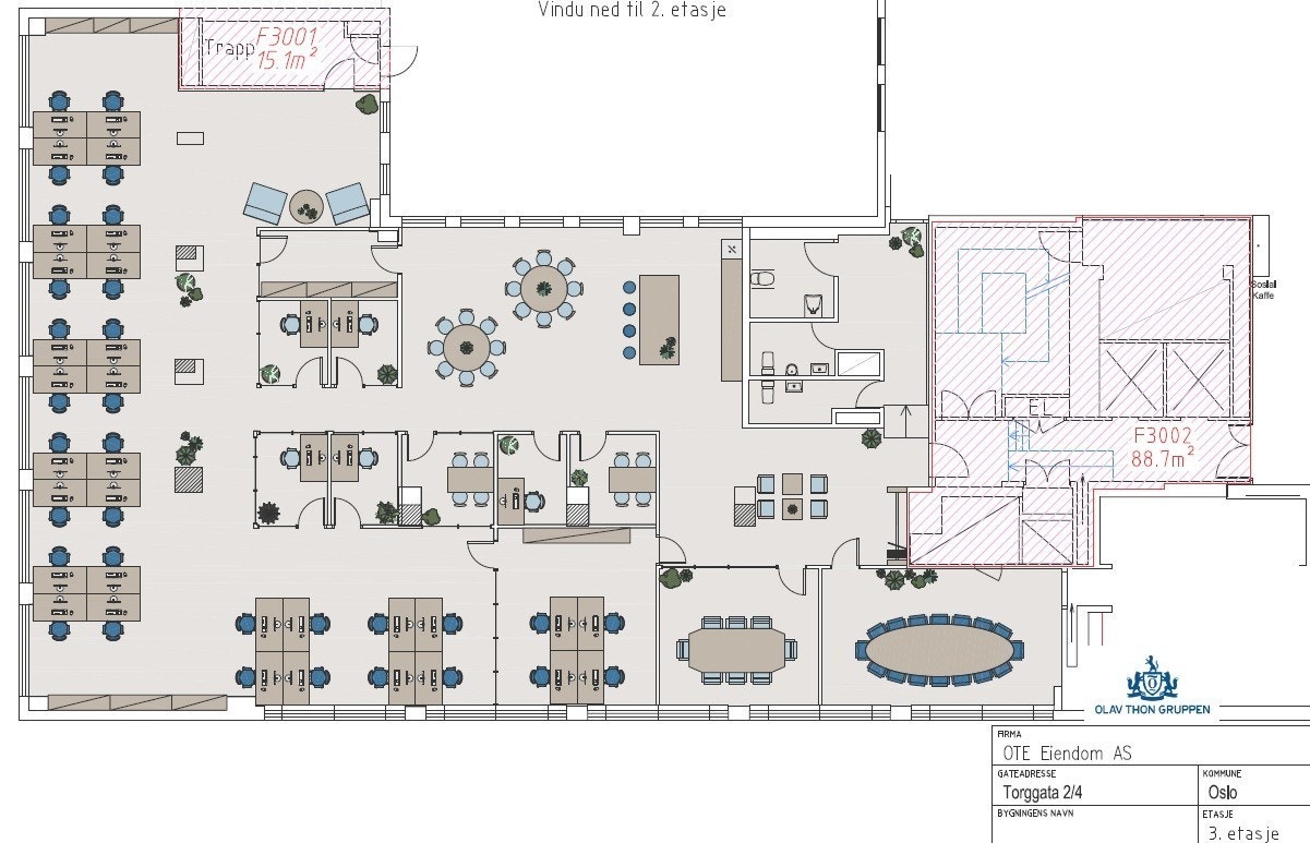 Forslag til møblert løsning 37 arbeidsplasser, flere større og mindre møterom og sosiale soner. Kantine. Galleribilde