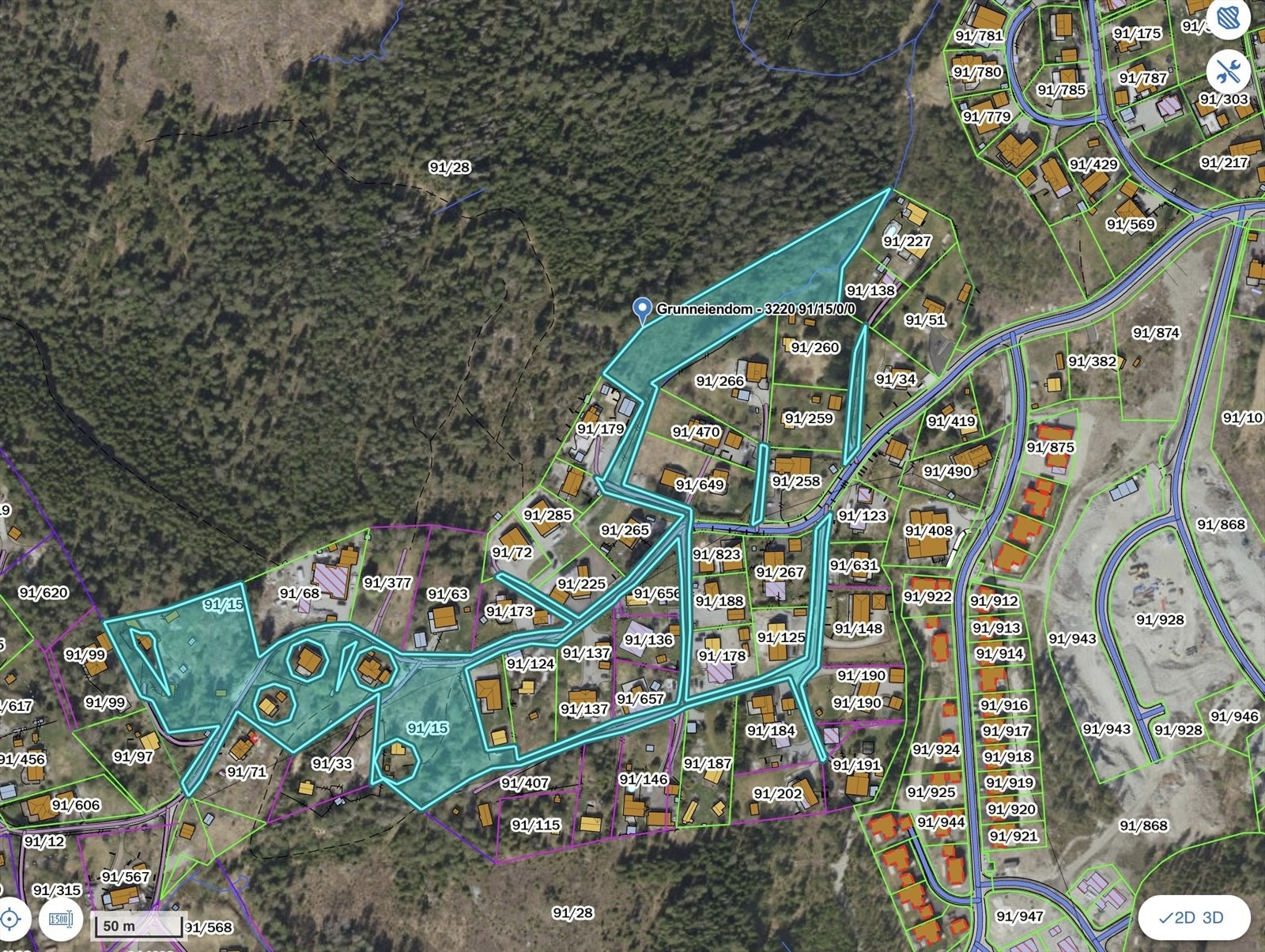 Oversikt over tomten til gnr. 91, bnr. 15 - Tomtegrensen er unøyaktig Galleribilde