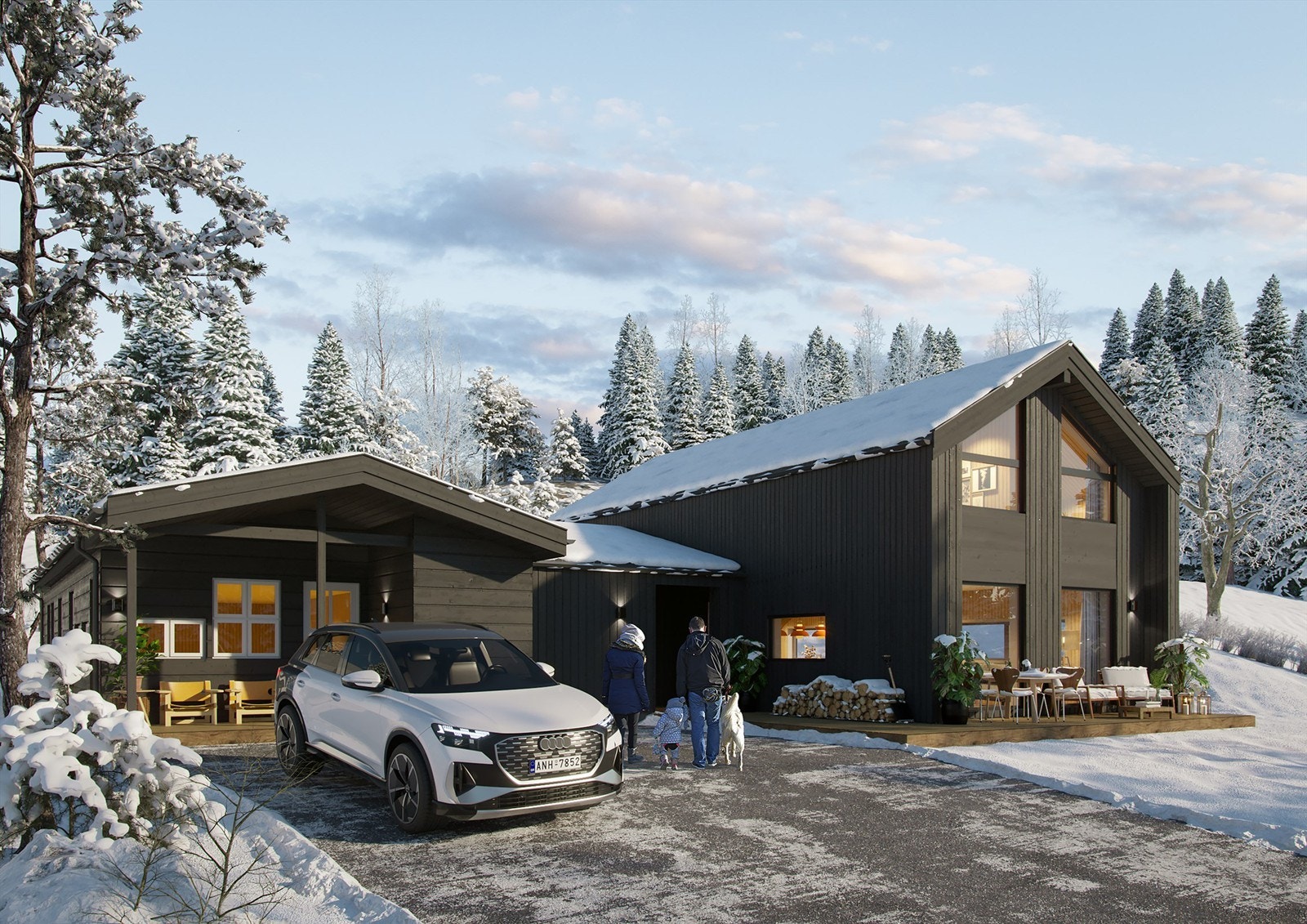 - Velkommen til Dyregrenda sør 70 - 3D illustrasjon av opprinnelig hytte med tegnet tilbygg. Galleribilde