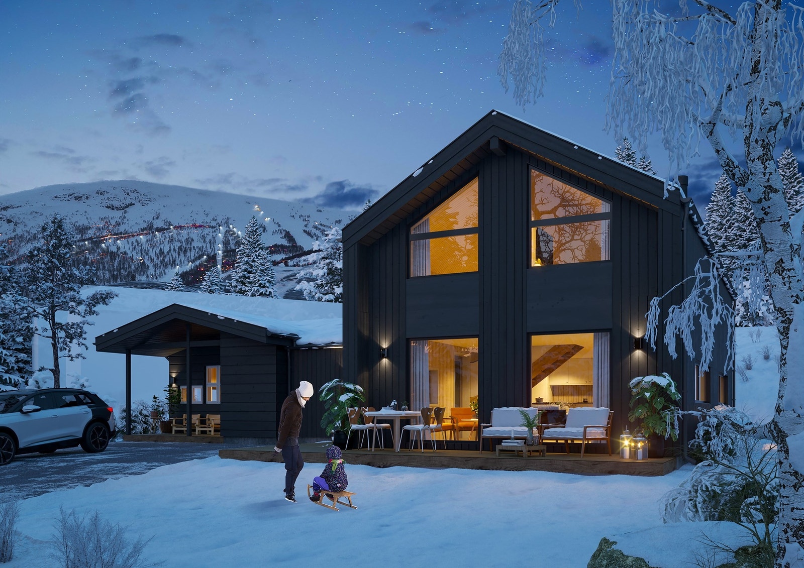 - Velkommen til Dyregrenda sør 70 - 3D illustrasjon av opprinnelig hytte med tegnet tilbygg. Galleribilde