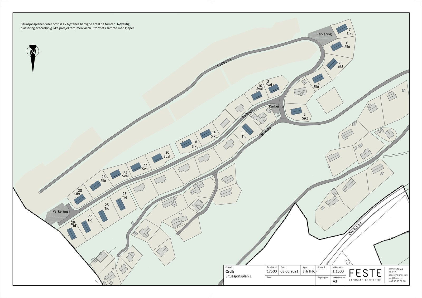 Oversikt over tomteområde. Det er tomt 6, 7, 18, 20, 22, 24 og 29 som selges. Galleribilde