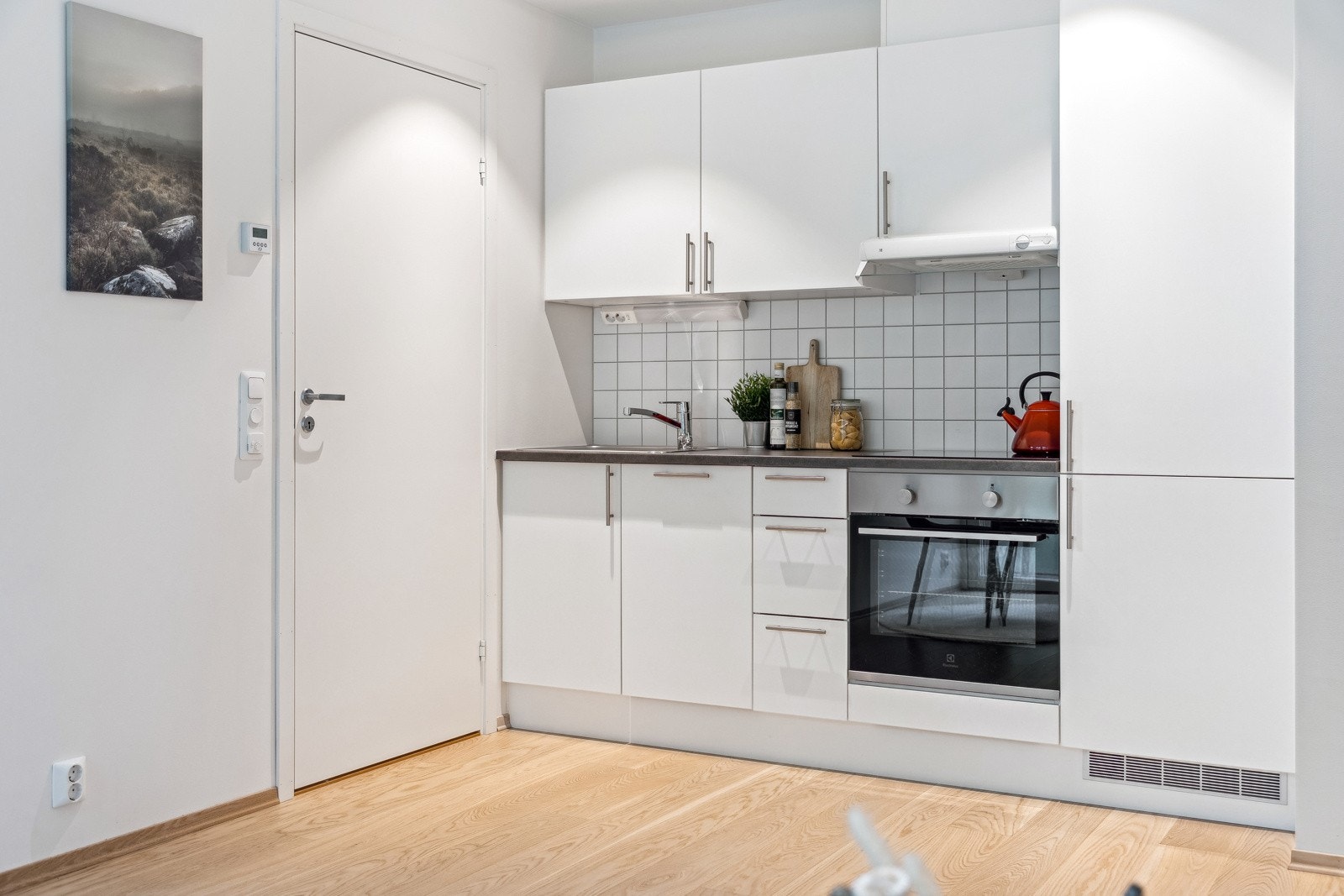 Integrert kjøleskap med fryser, stekeovn og platetopp, samt ventilator i overskap med komfyrvakt. Galleribilde