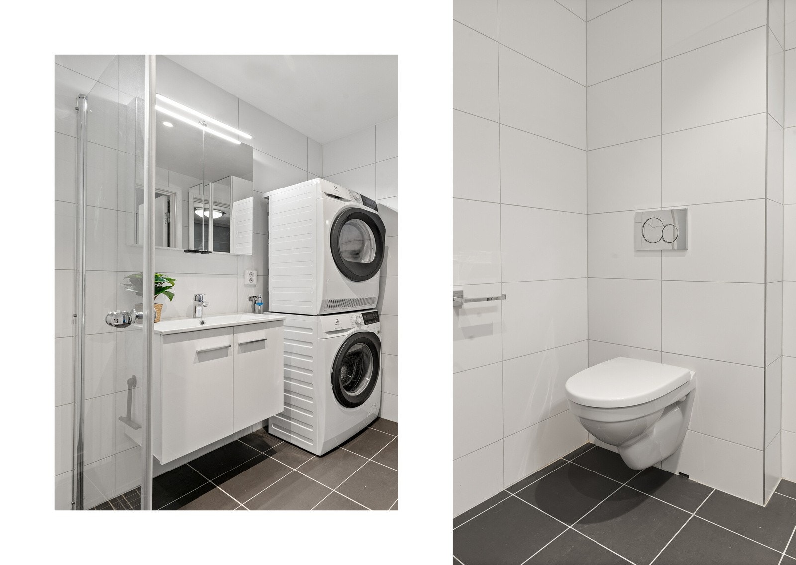 Badet har fliser på vegger og gulv, varme i gulvet. Galleribilde